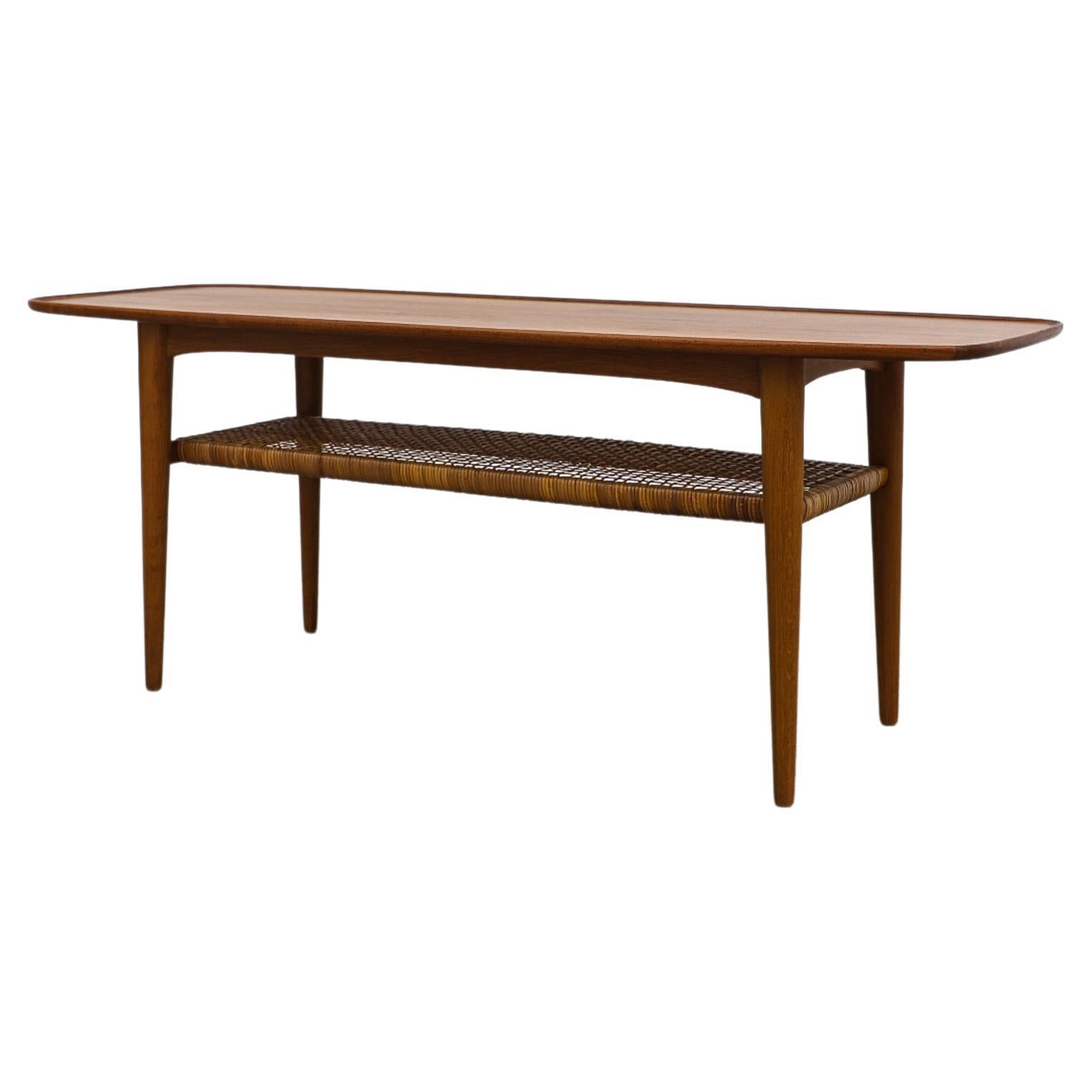 Mid-Century Johannes Andersen Danish Teak Coffee Table, Rattan Shelf