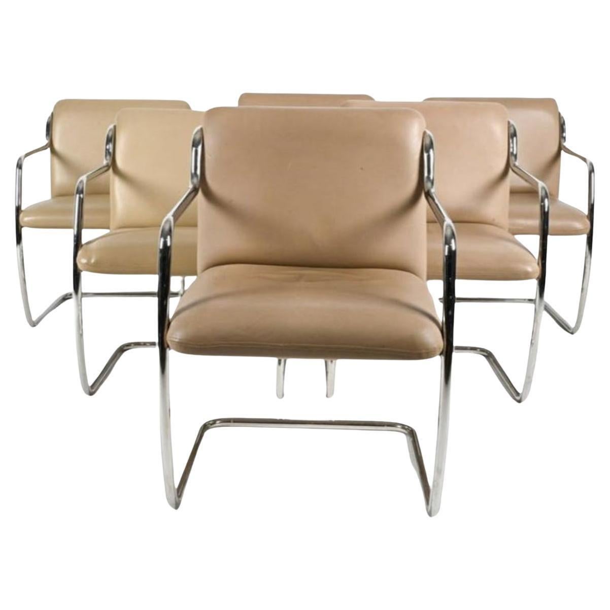 Mid century John Duffy tan leather chrome tube chairs