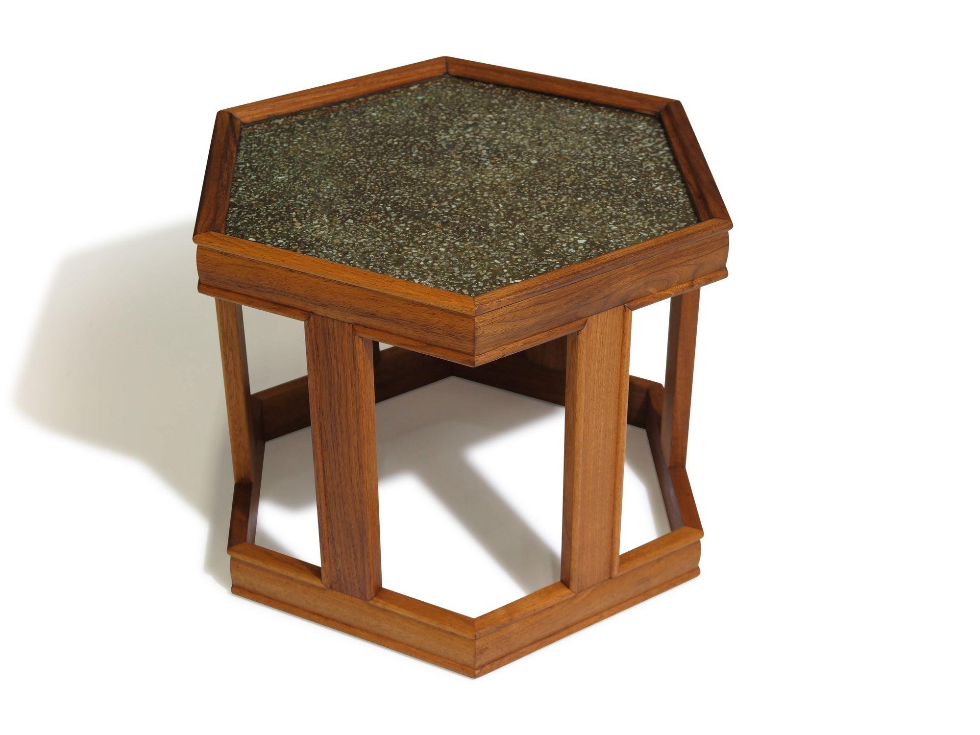 Oiled Mid-century John Keal for Brown Saltman Hexagonal Walnut End Tables For Sale