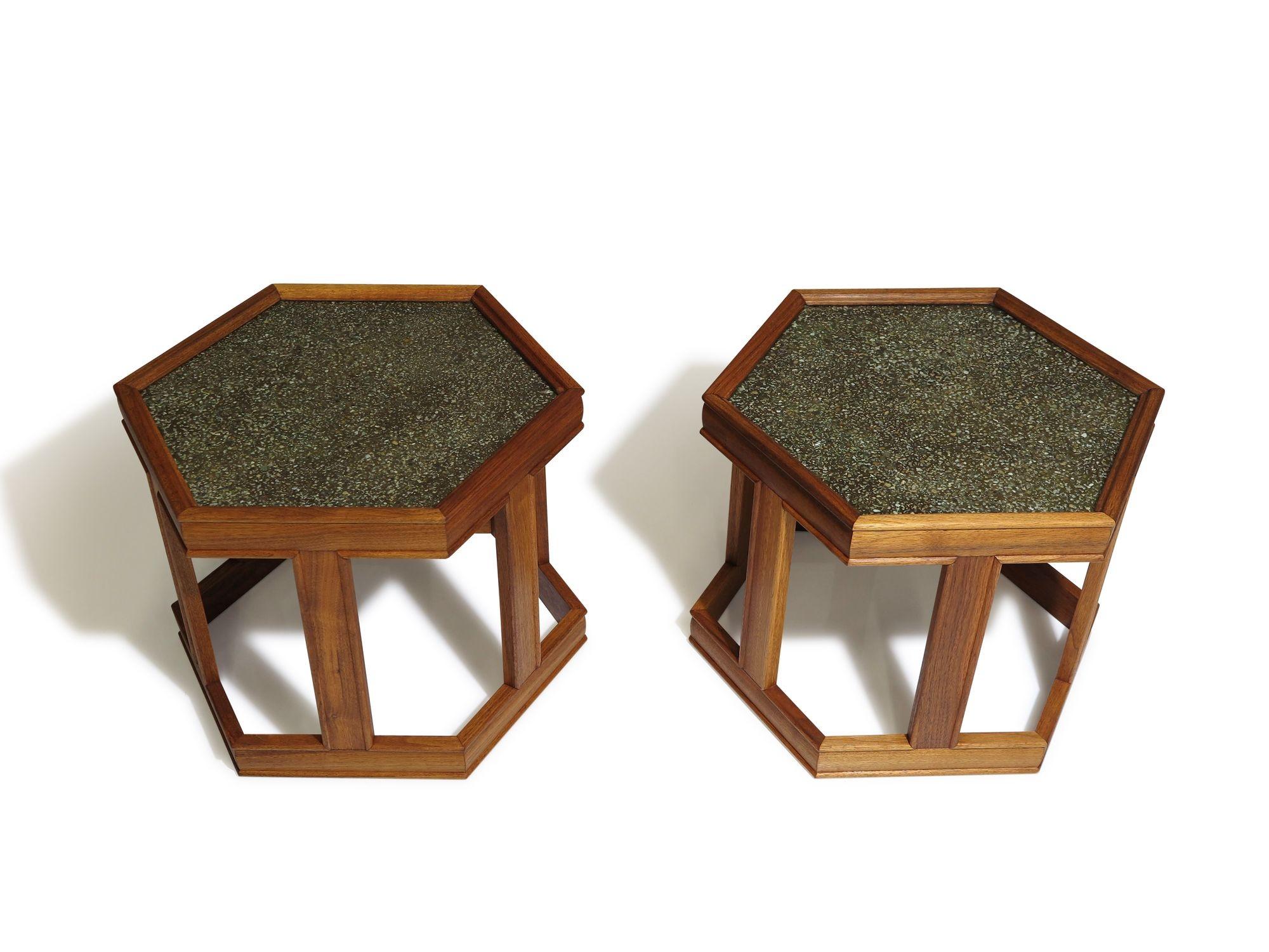 20th Century Mid-century John Keal for Brown Saltman Hexagonal Walnut End Tables For Sale