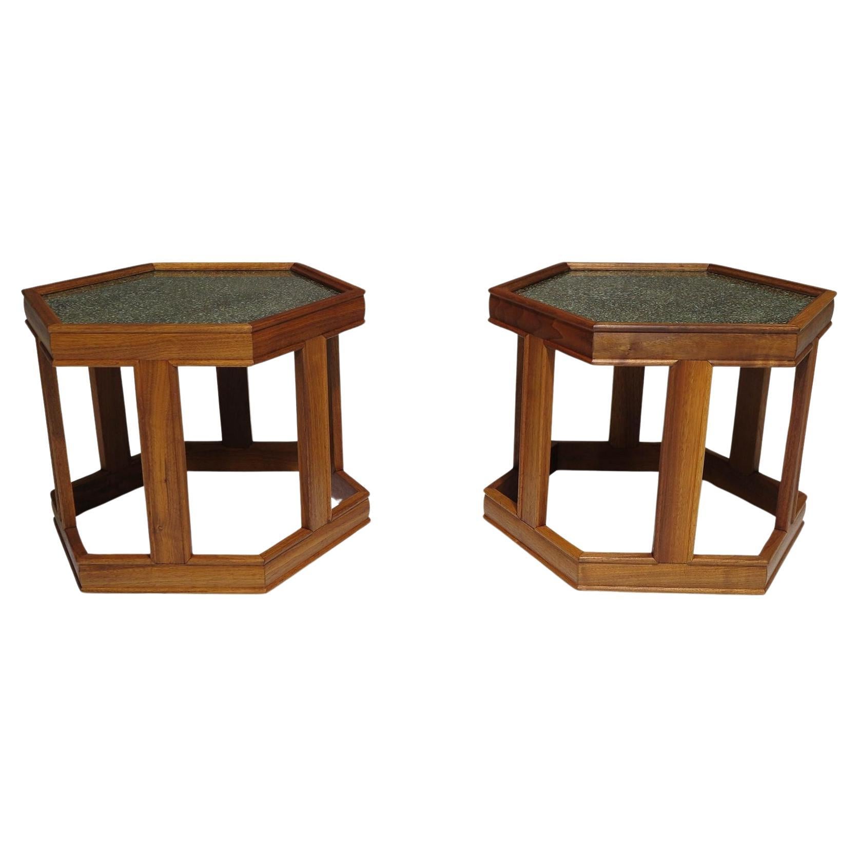 Mid-century John Keal for Brown Saltman Hexagonal Walnut End Tables For Sale