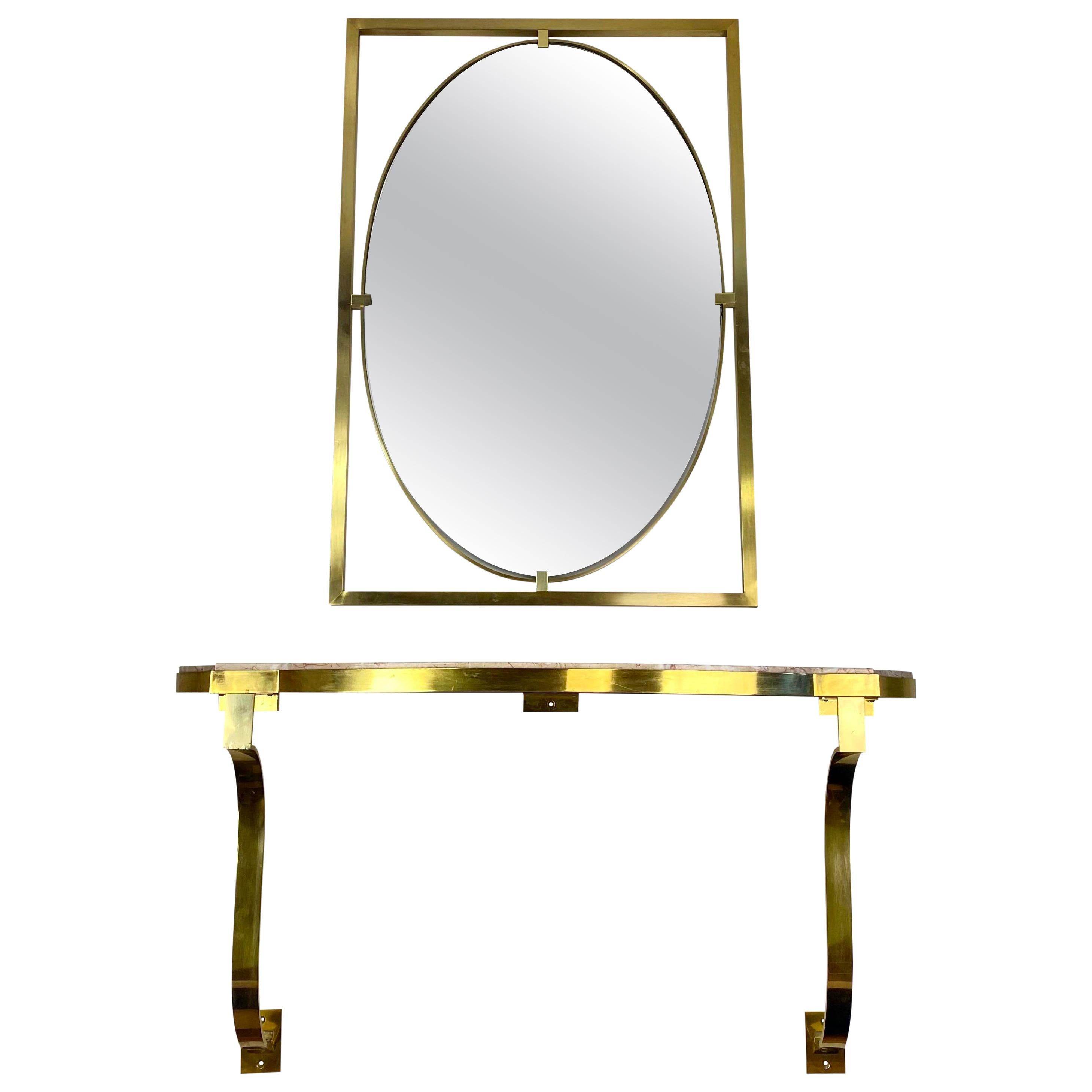 Midcentury John Stuart Brass and Marble Hanging Entryway Shelf with Mirror For Sale