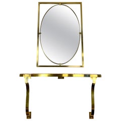 Retro Midcentury John Stuart Brass and Marble Hanging Entryway Shelf with Mirror