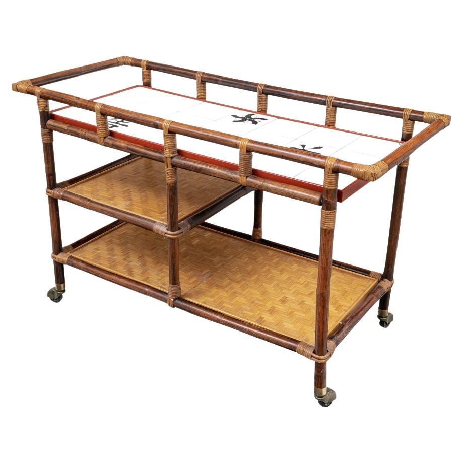 Mid Century John Wisner Tile Top Bar Cart For Ficks Reed For Sale