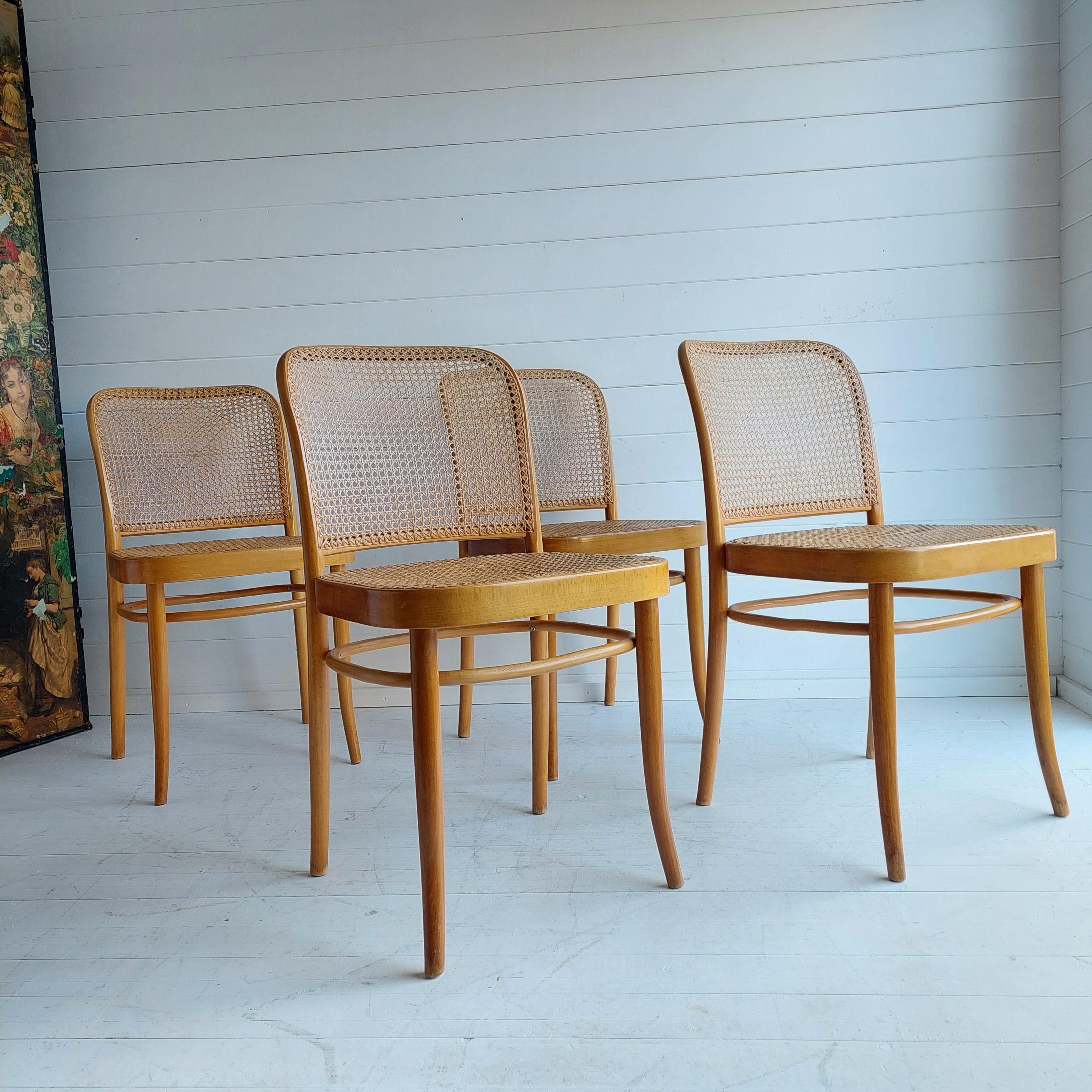 Stylish Set of 4 Josef Hoffmann Style ‘Prague' Model 811 Chairs, circa 1970s.
Originally designed by Hoffman for Thonet in the 1920s, these chairs were produced later under license in Czechoslovakia by Ligna Drevounia. (makers mark to