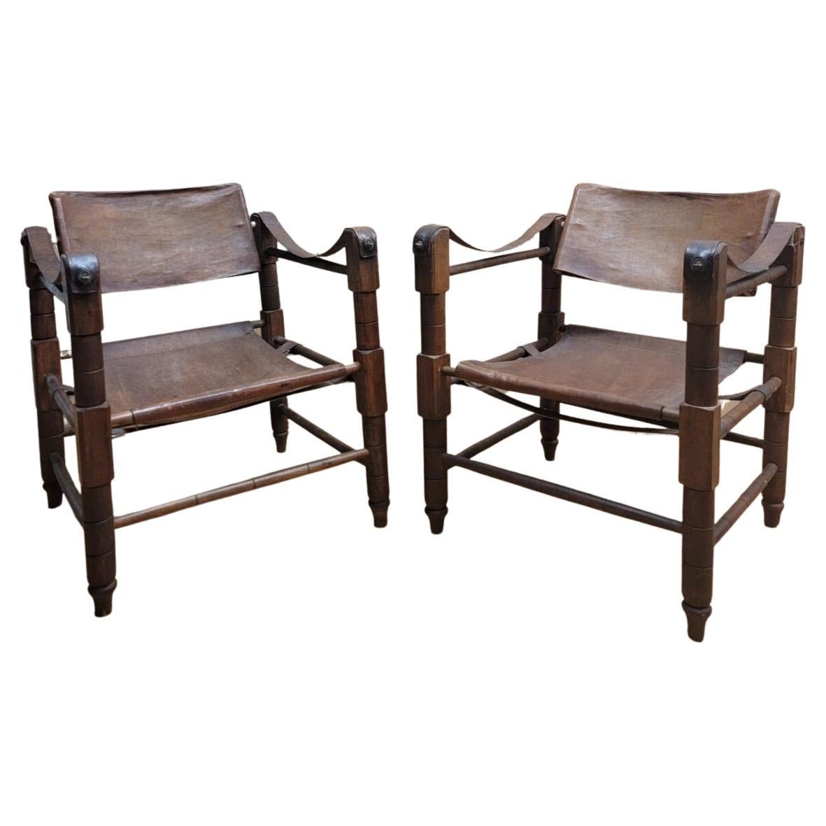 Midcentury Kaare Klint Style Brutalist "Cognac" Leather Safari Chairs, Pair