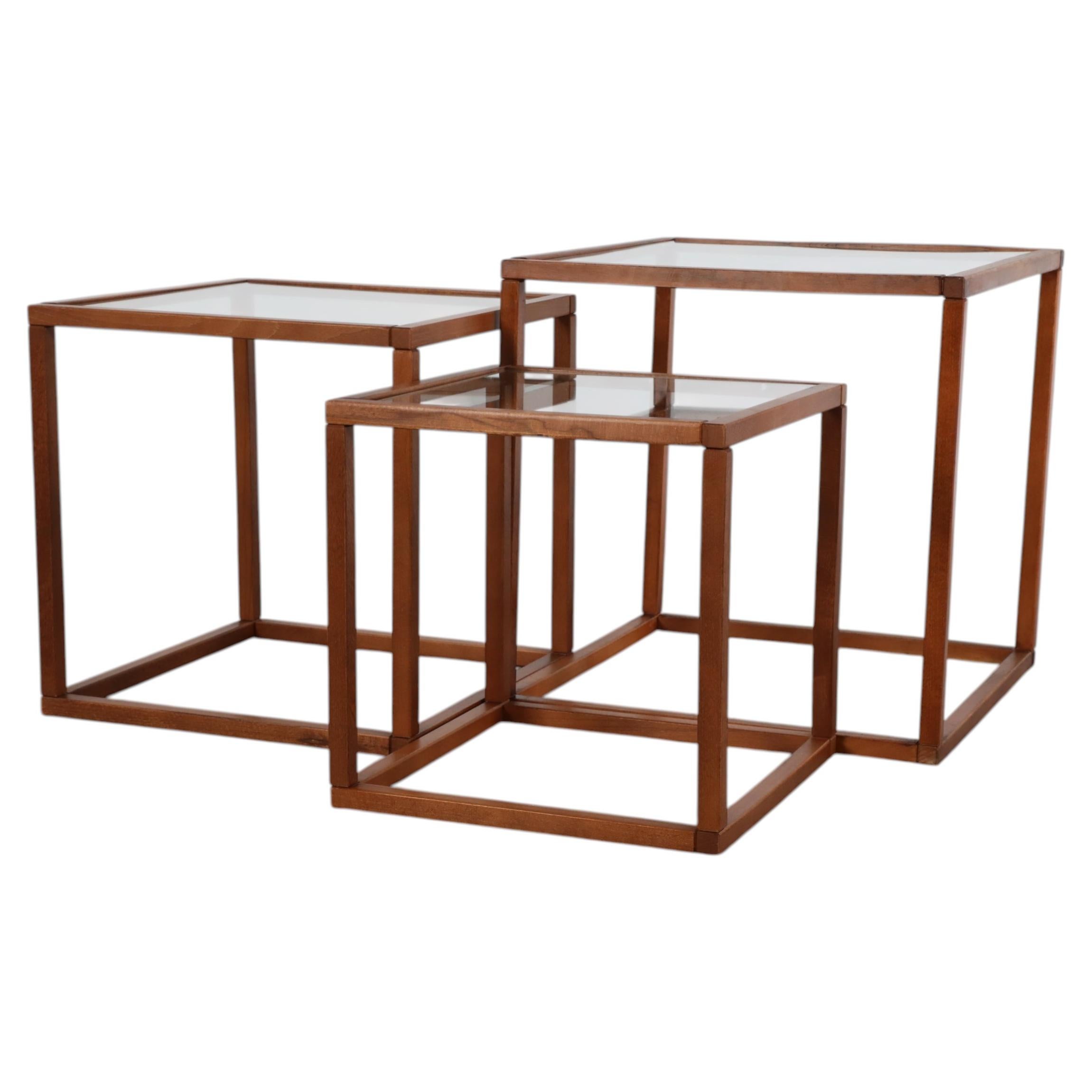 Mid-Century Kai Kristiansen Style Teak Nesting Tables, Inset Glass Tops