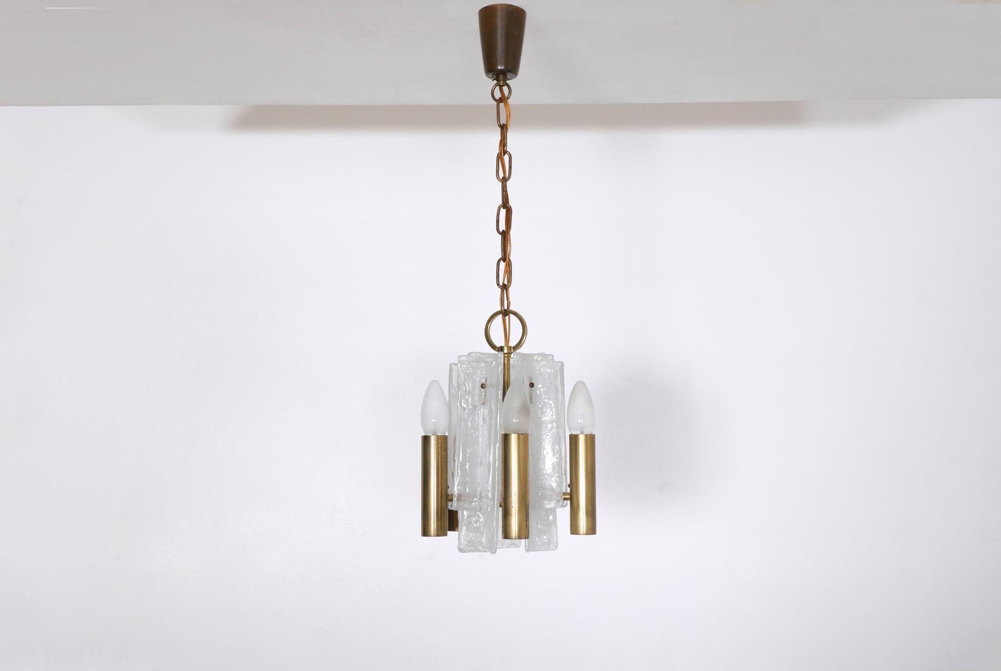 Mid-Century Modern Mid-Century Kalmar Slumped Ice Glass and Brass Pendant Light For Sale