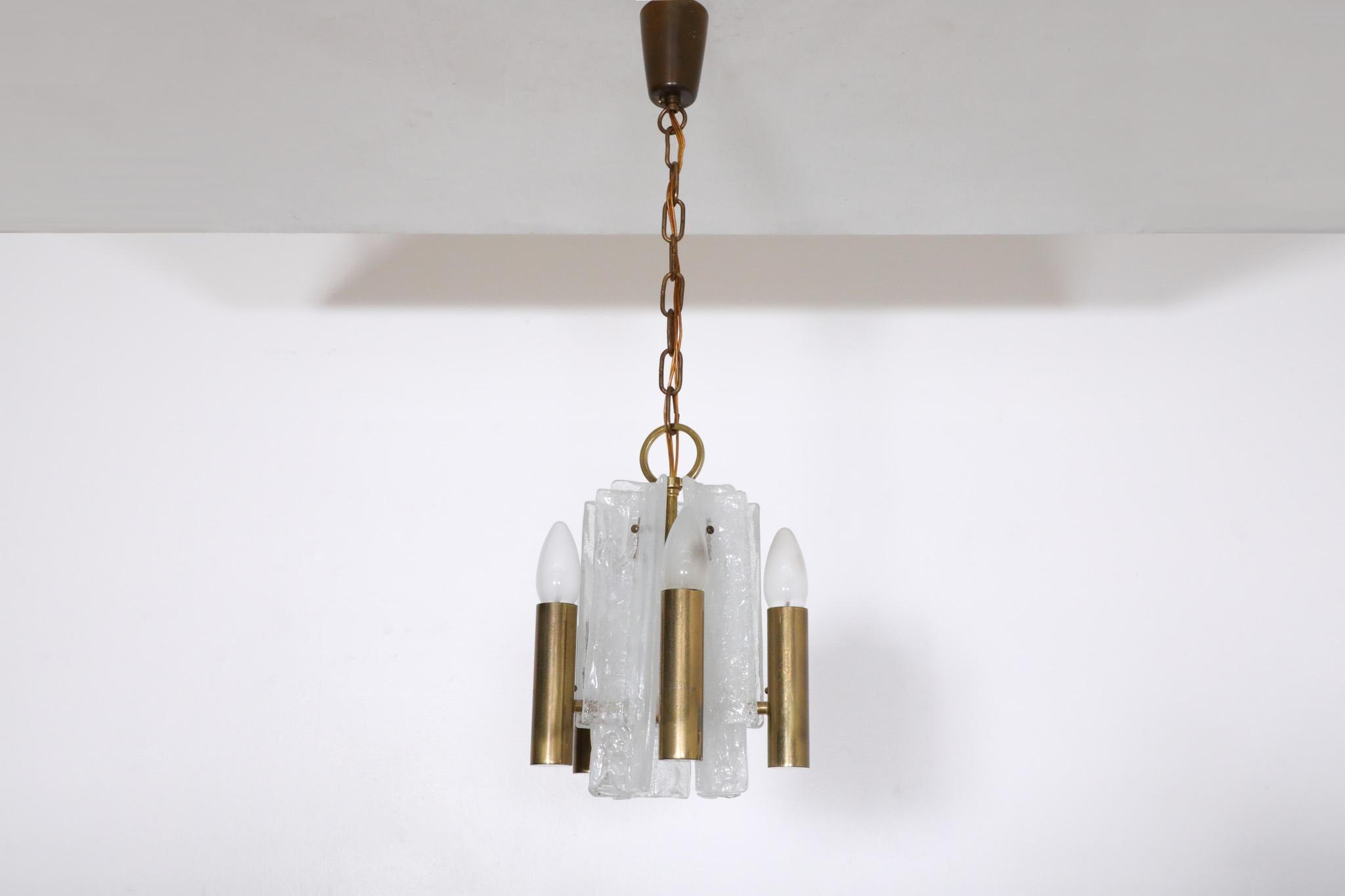 Mid-20th Century Mid-Century Kalmar Slumped Ice Glass and Brass Pendant Light For Sale