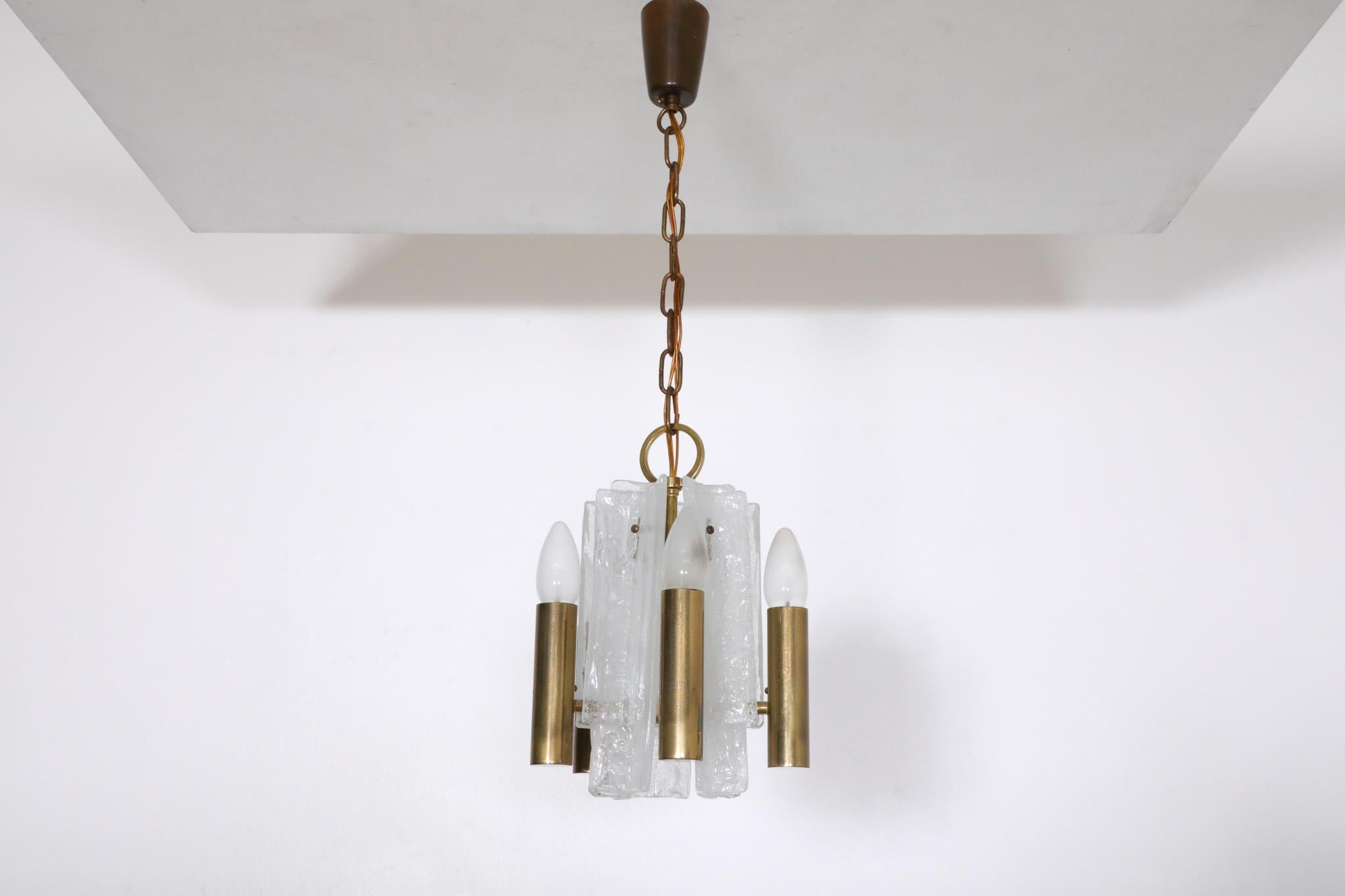 Mid-Century Kalmar Slumped Ice Glass and Brass Pendant Light For Sale 1