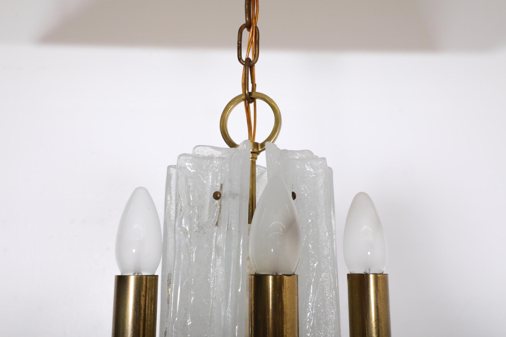 Mid-Century Kalmar Slumped Ice Glass and Brass Pendant Light For Sale 2