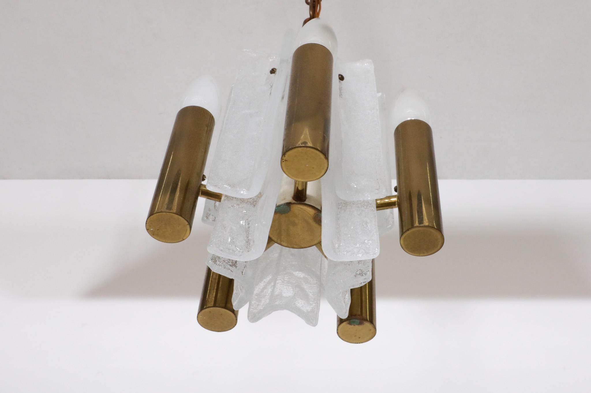 Mid-Century Kalmar Slumped Ice Glass and Brass Pendant Light For Sale 3