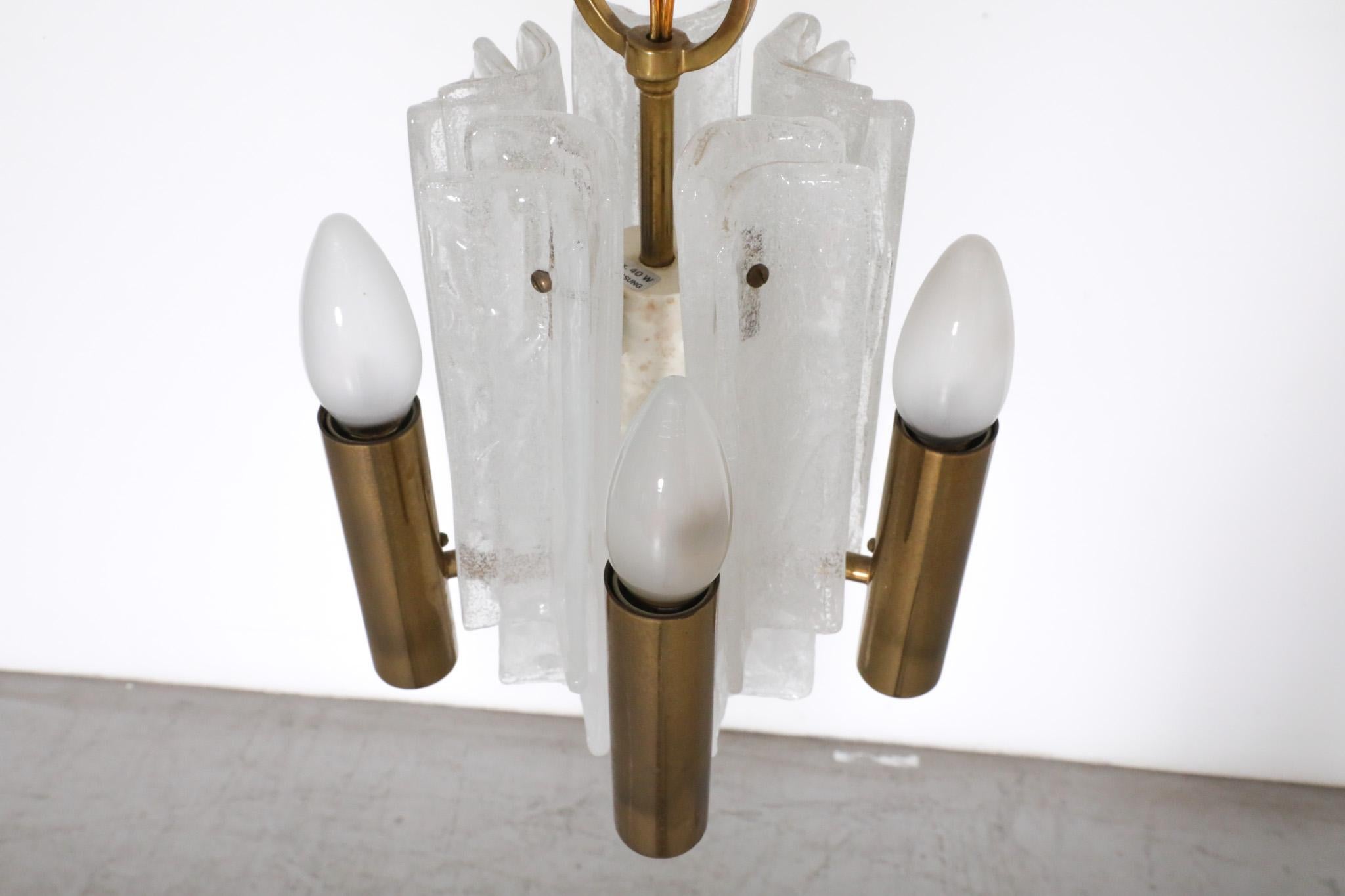Mid-Century Kalmar Slumped Ice Glass and Brass Pendant Light For Sale 4