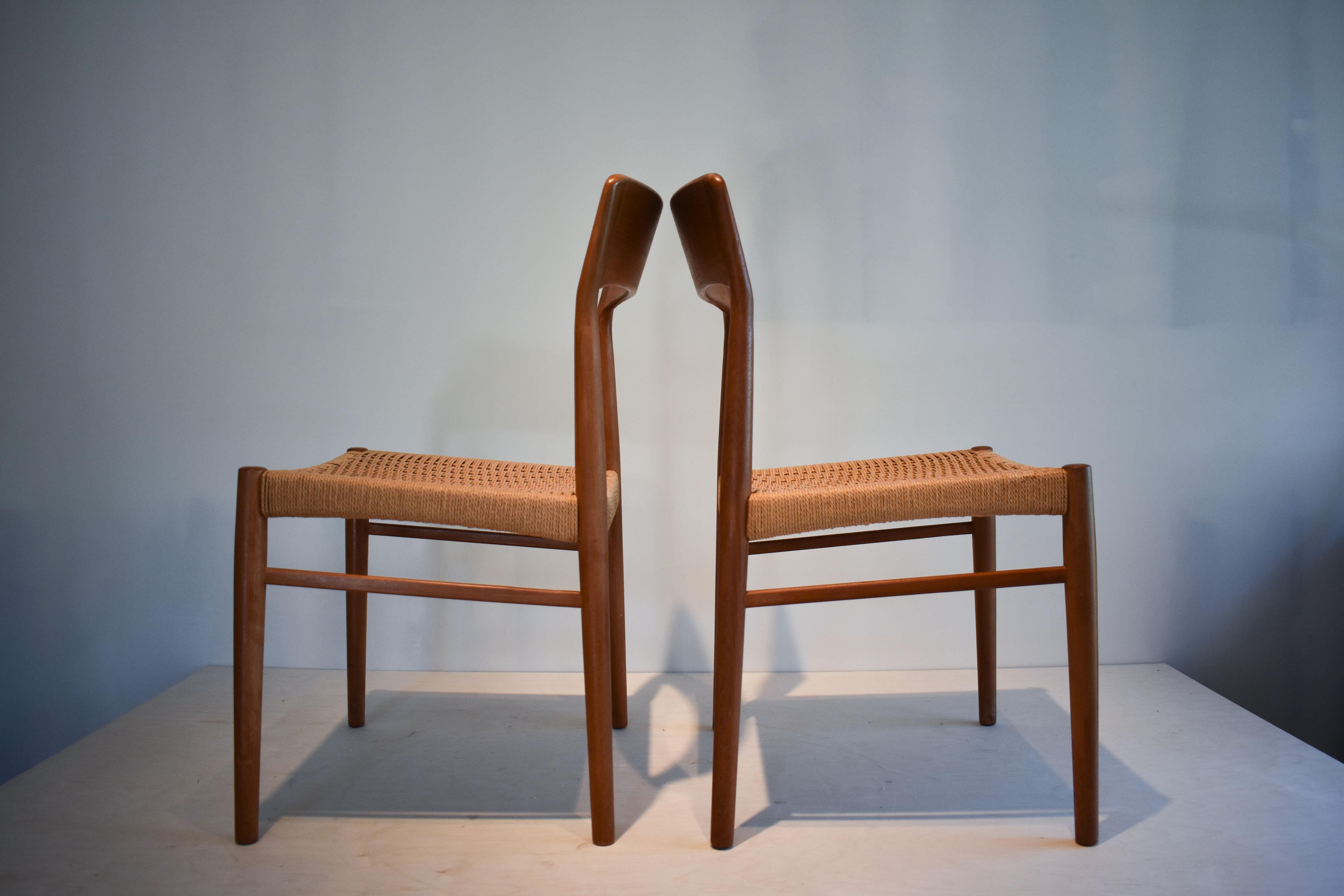 Beautiful midcentury teak and sisal seat chairs. These were commissioned by Karen Margreta Imports of Corona del Mar California in the 1960s, designed by Niels O Moller as his model 75 chair. They are in fantastic, vintage condition with just some