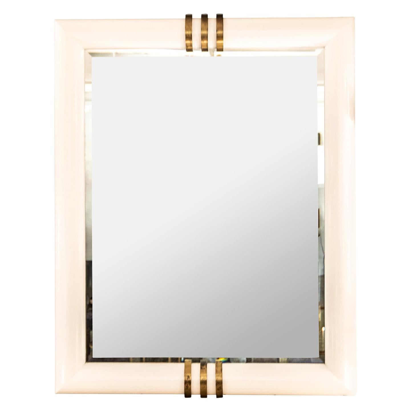 Mid Century Karl Springer Style White Wood Rectangular Mirror with Brass Accents For Sale