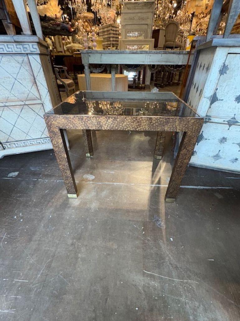 Good Mid-century modern Karl Springer tortoise finish side table. Circa 1970. Perfect for today's transitional designs! 27l x 21w x 22h