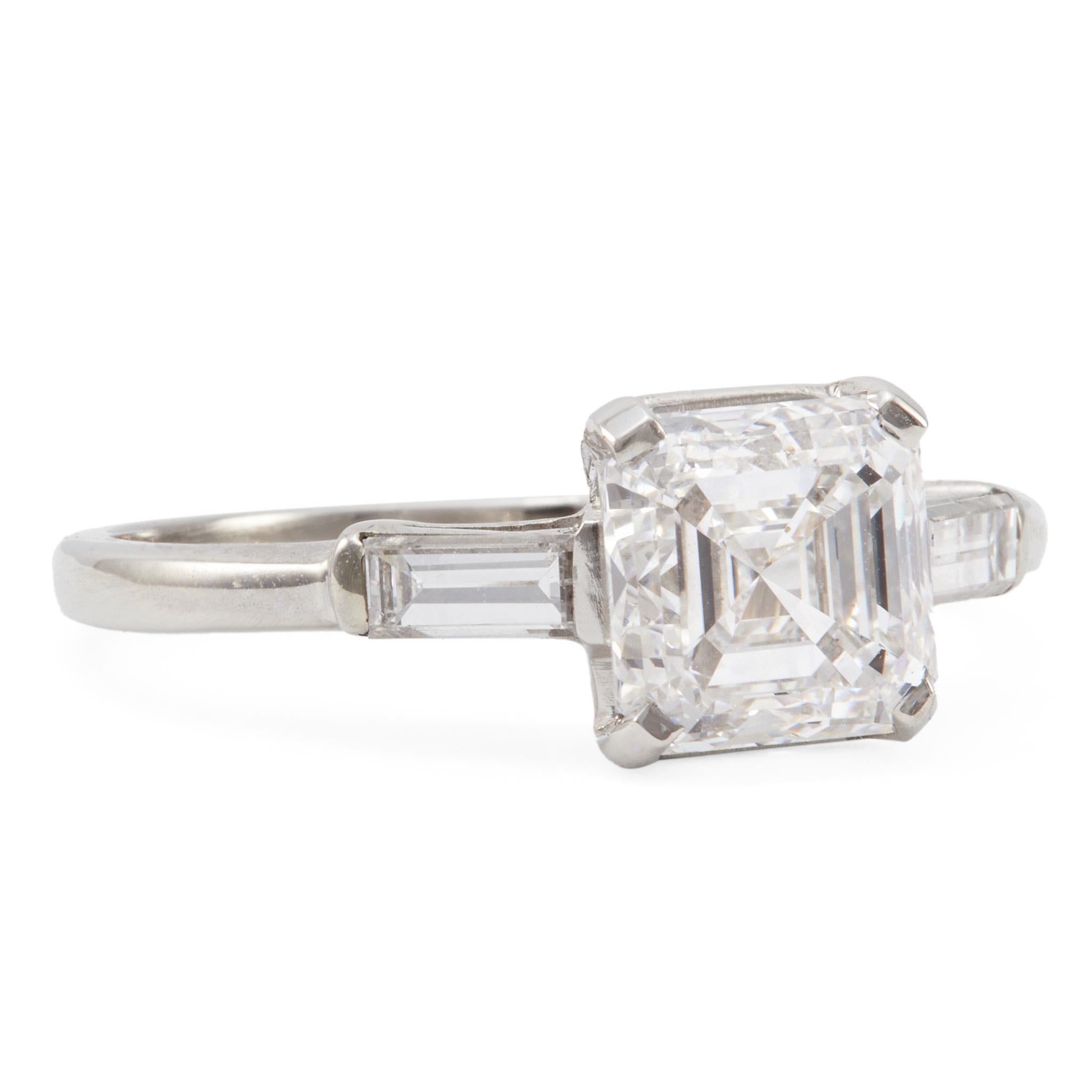 Women's or Men's Mid Century Keepsake GIA 1.50 Asscher Cut Diamond Platinum Ring