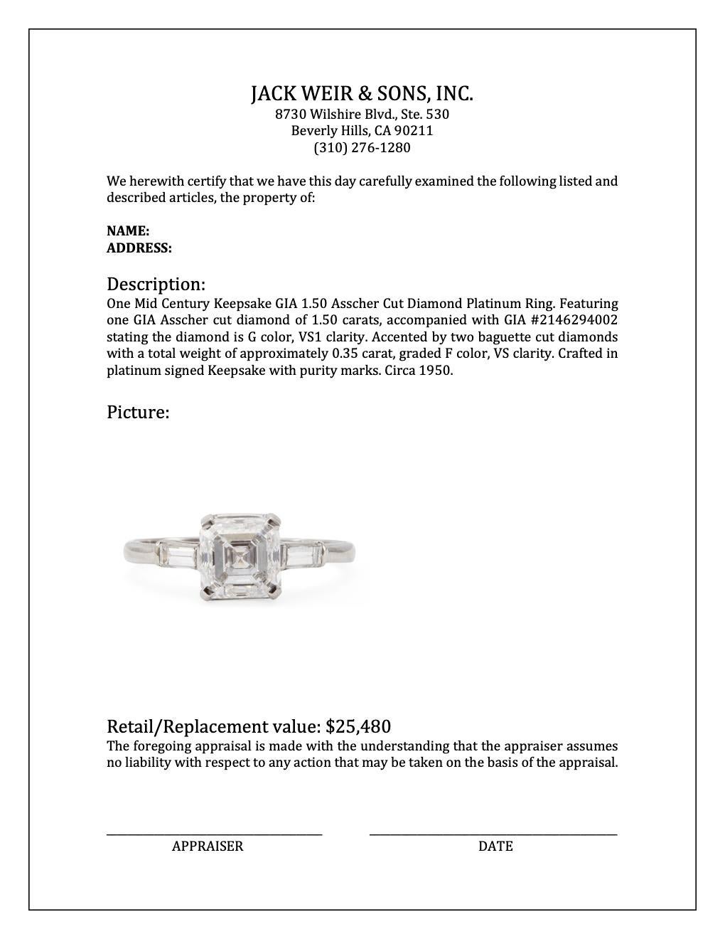 Mid Century Keepsake GIA 1.50 Asscher Cut Diamond Platinum Ring 2