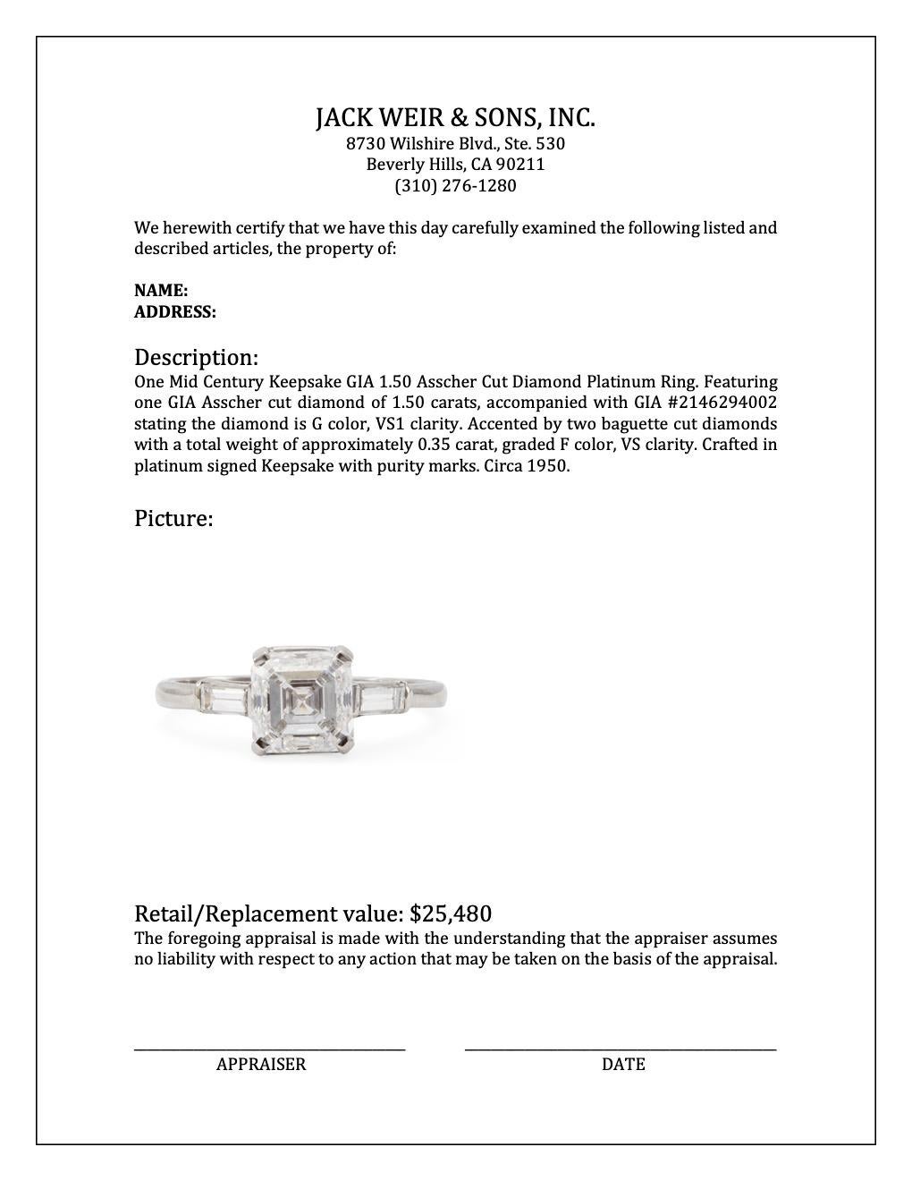 Platinring mit GIA 1,50 Karat Diamant im Asscher-Schliff, Mitte des Jahrhunderts 3