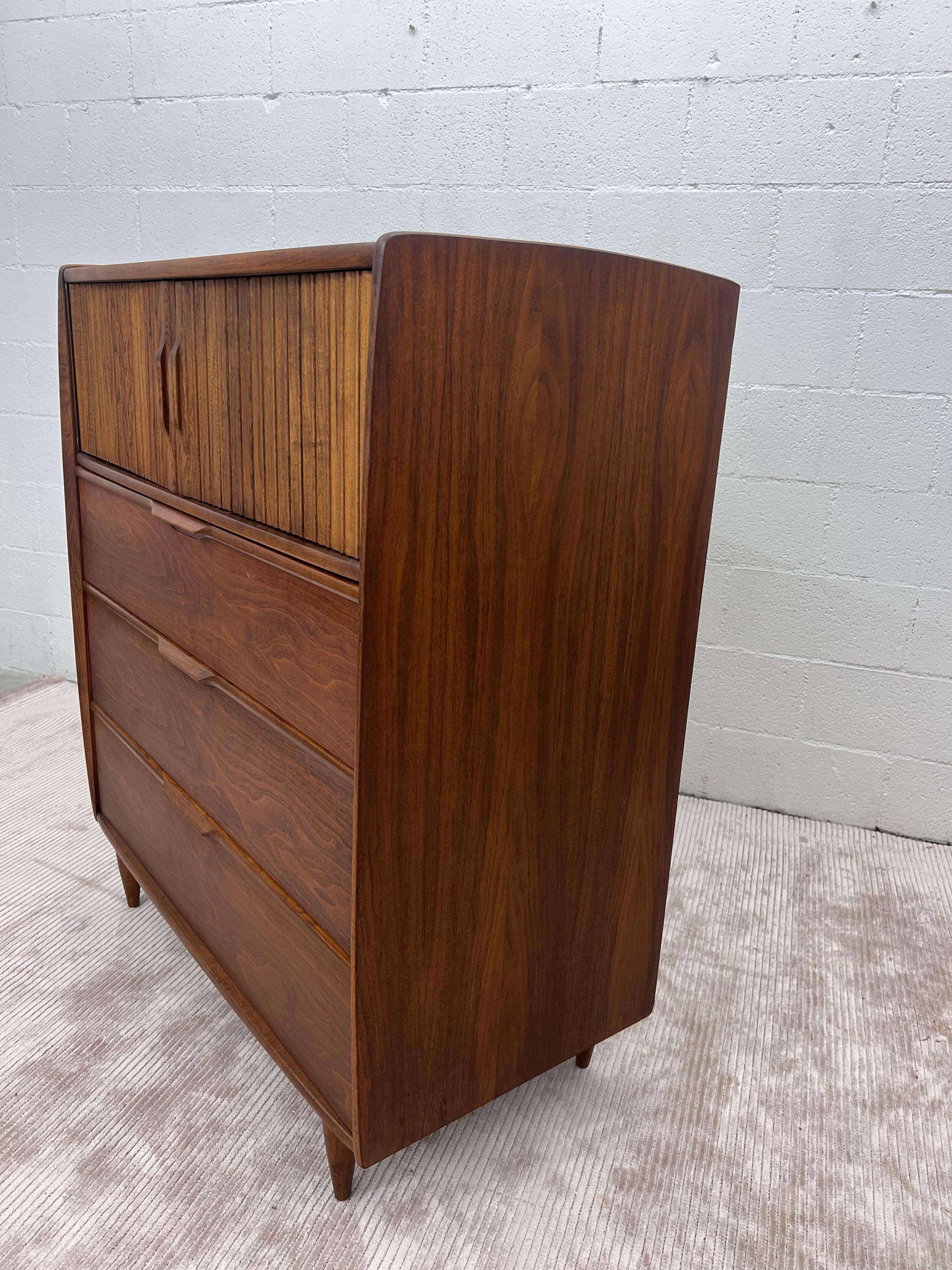 Walnut Mid-Century Kent Coffey Cadence Highboy Dresser with Tambour-Style Doors For Sale