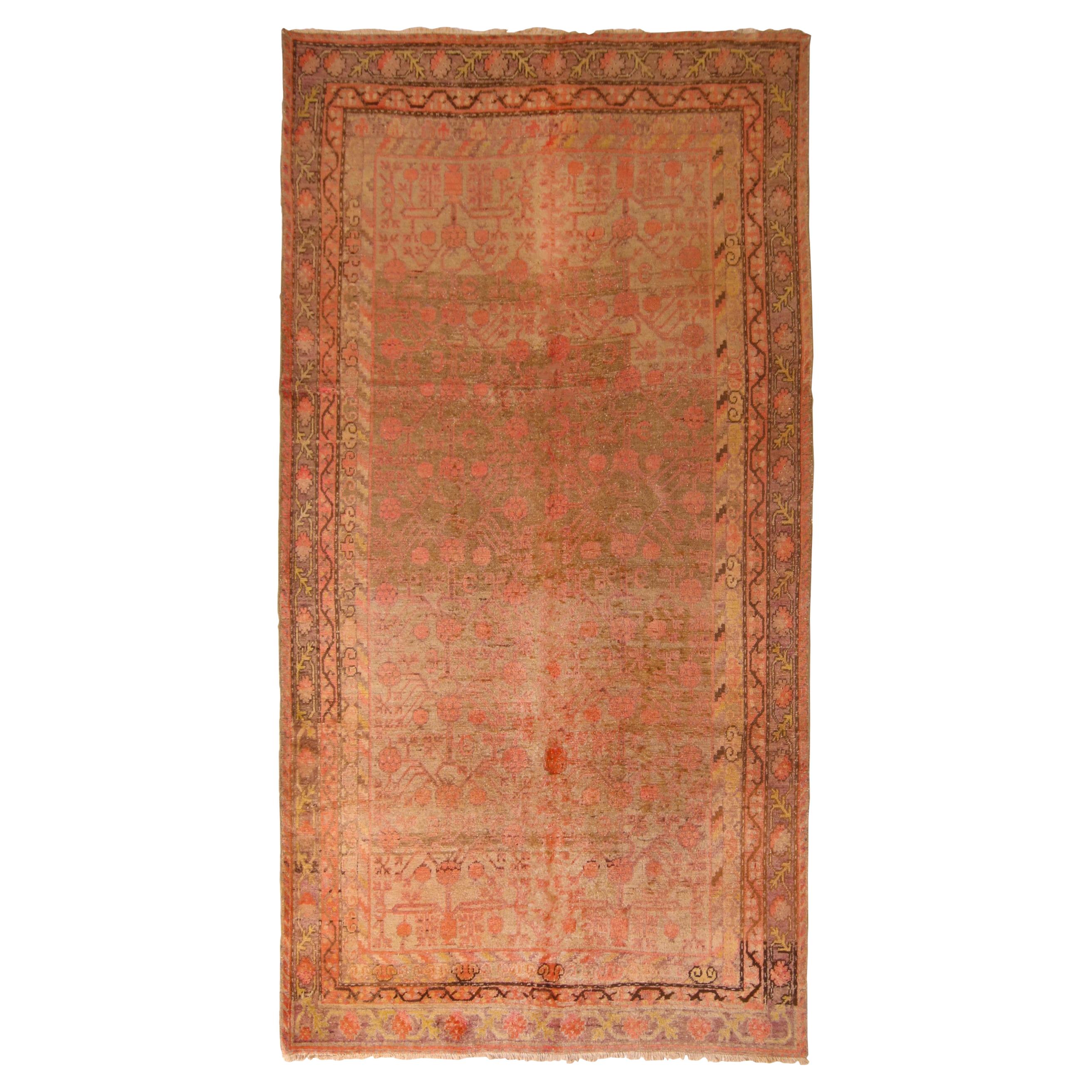 Midcentury Transitional Khotan Beige and Brown Wool Rug with Medallion