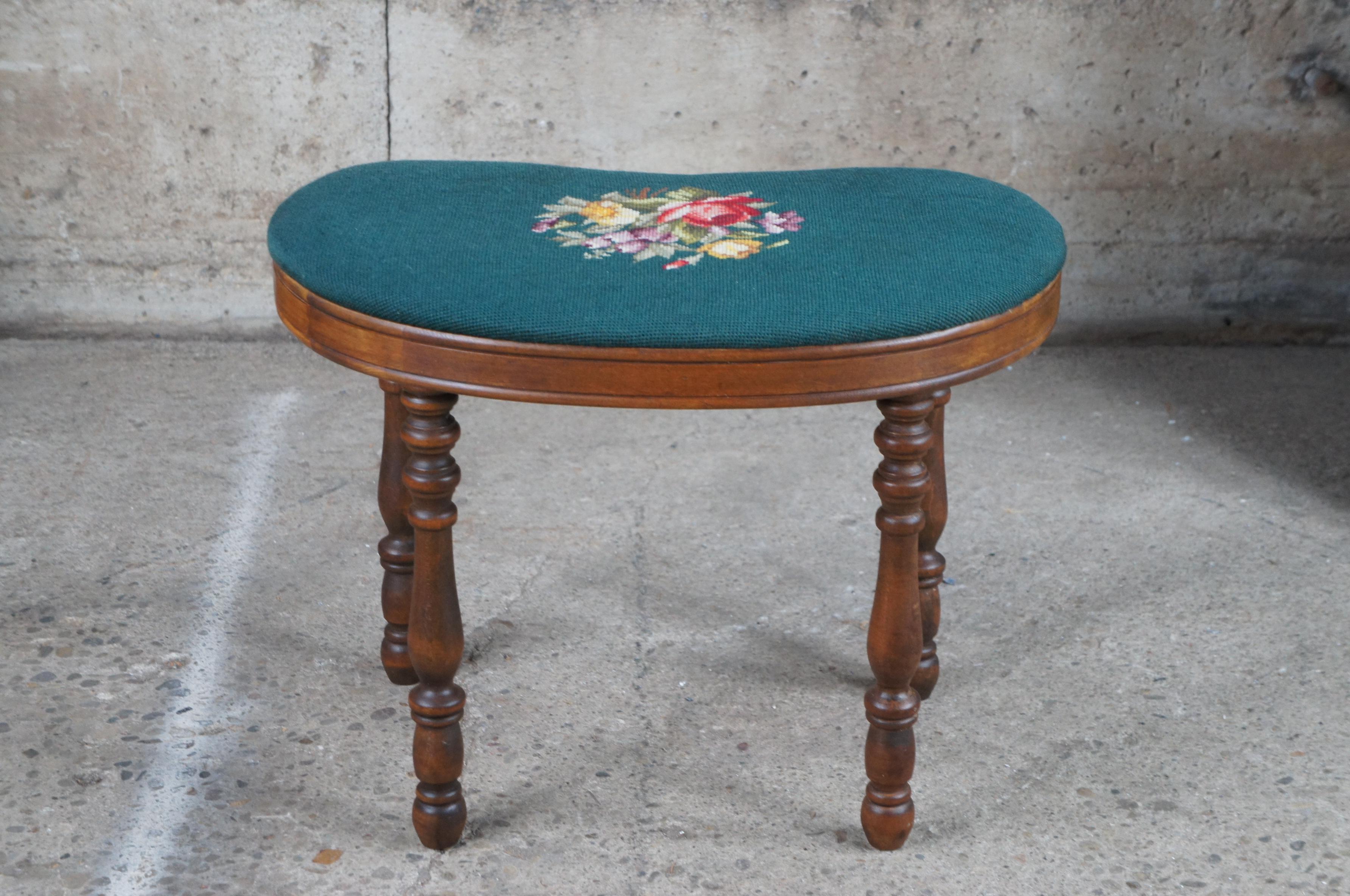 Mid Century Kidney Bean Green Floral Embroidered Foot Stool Piano Bench Ottoman In Good Condition For Sale In Dayton, OH