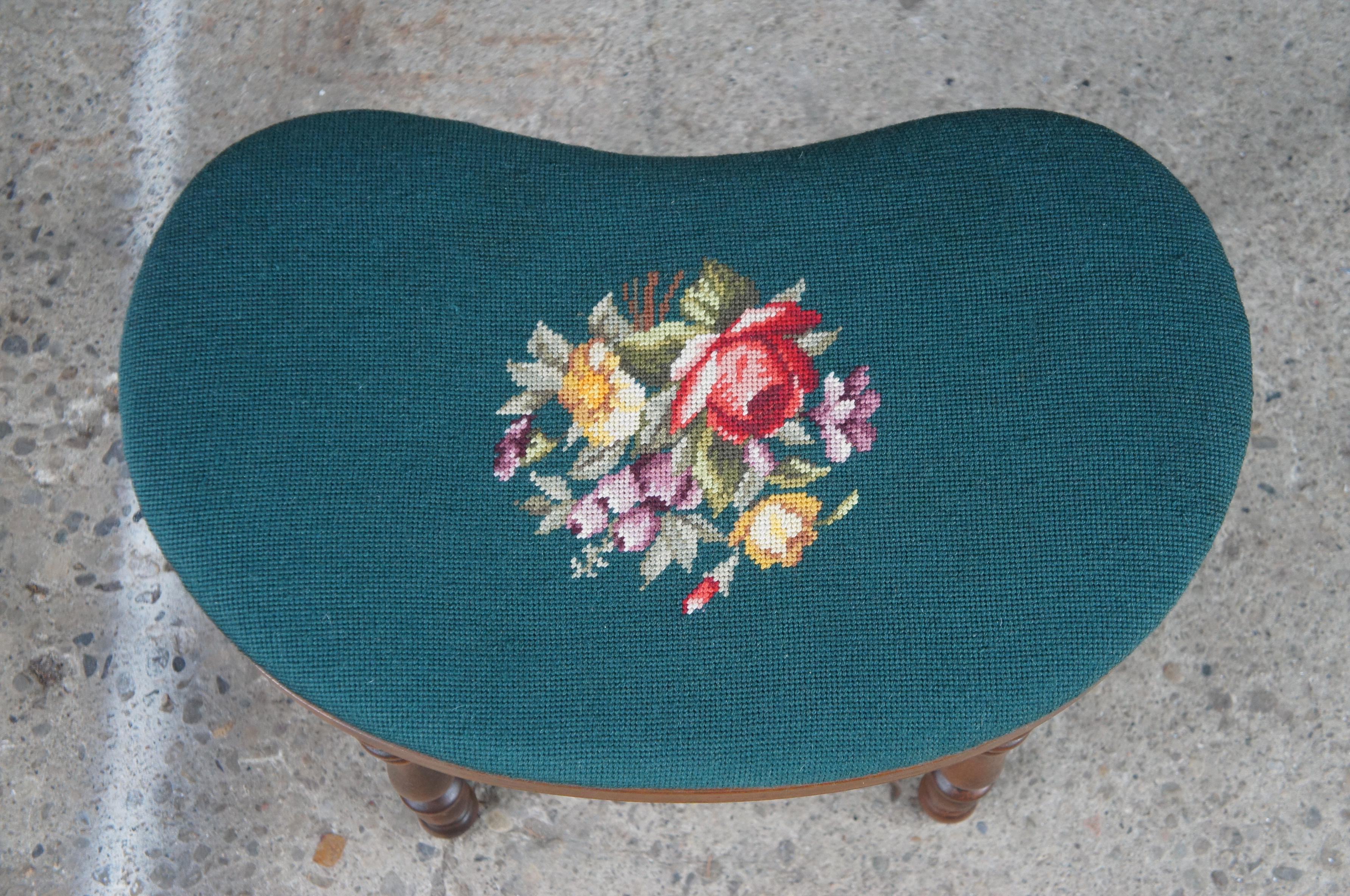 Textile Mid Century Kidney Bean Green Floral Embroidered Foot Stool Piano Bench Ottoman For Sale