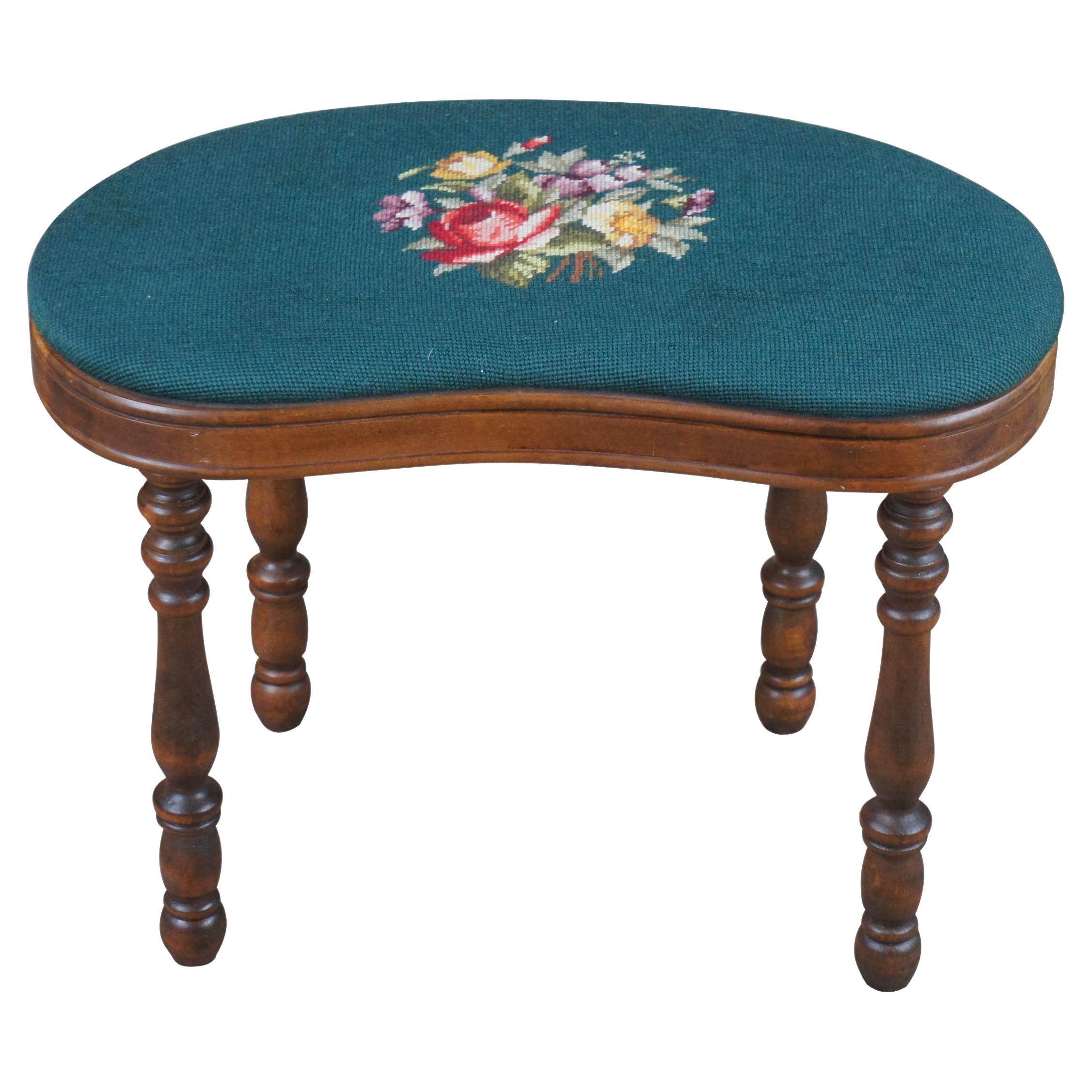 Mid Century Kidney Bean Green Floral Embroidered Foot Stool Piano Bench Ottoman For Sale