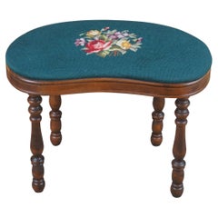 Vintage Mid Century Kidney Bean Green Floral Embroidered Foot Stool Piano Bench Ottoman