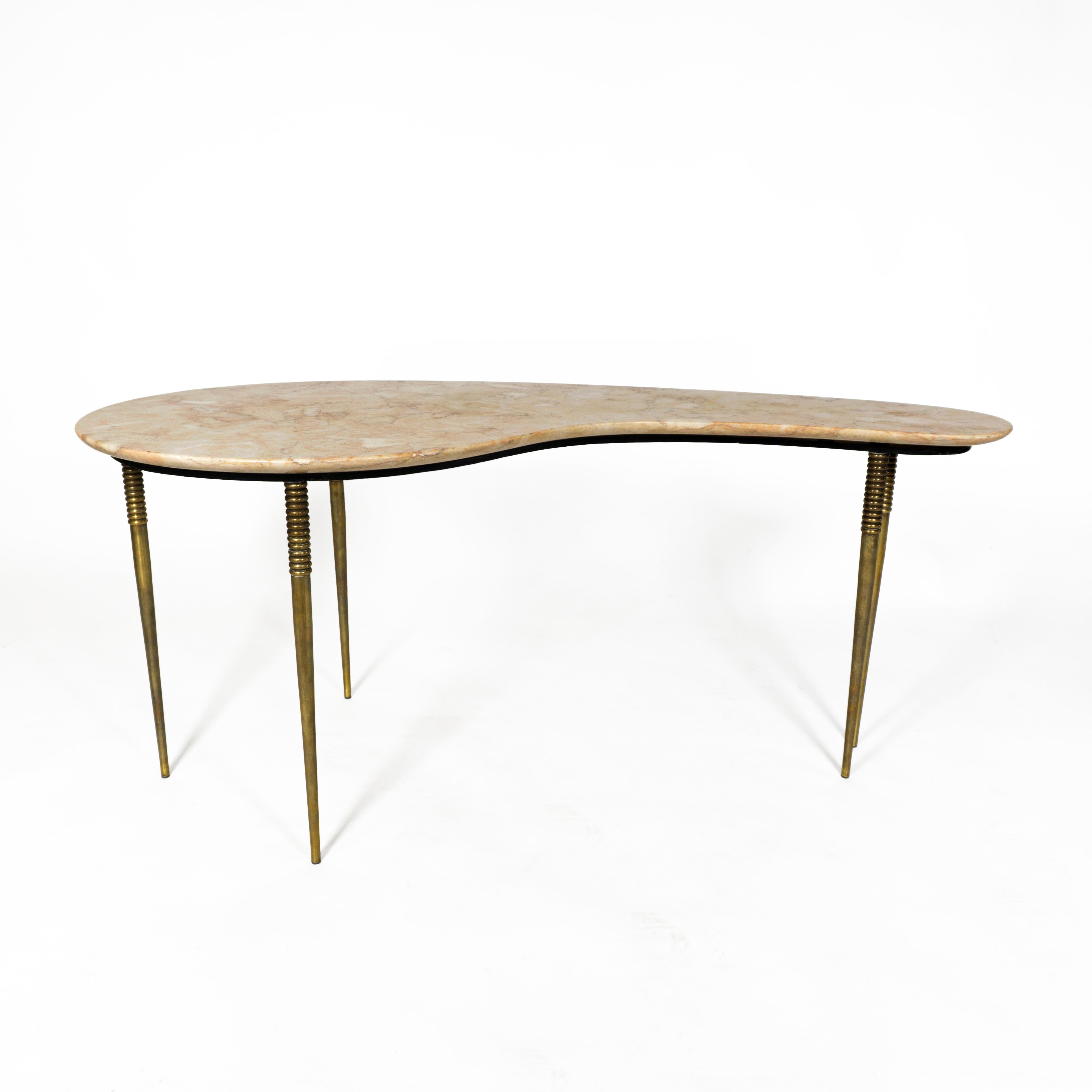 Mid-Century Modern Mid Century Kidney Coffee Side Table with Marble Top & Brass Legs, Italy 1950s For Sale