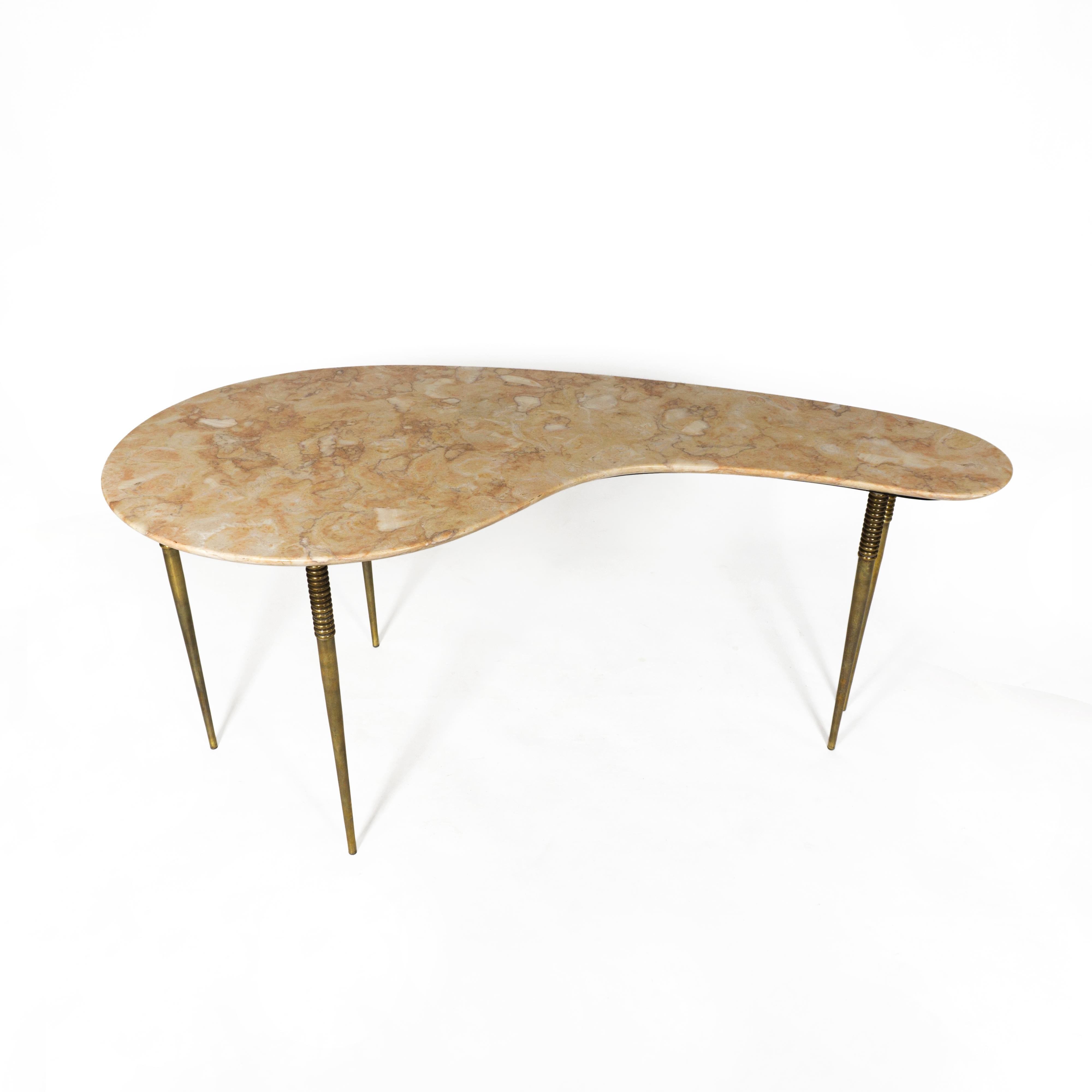 Italian Mid Century Kidney Coffee Side Table with Marble Top & Brass Legs, Italy 1950s For Sale