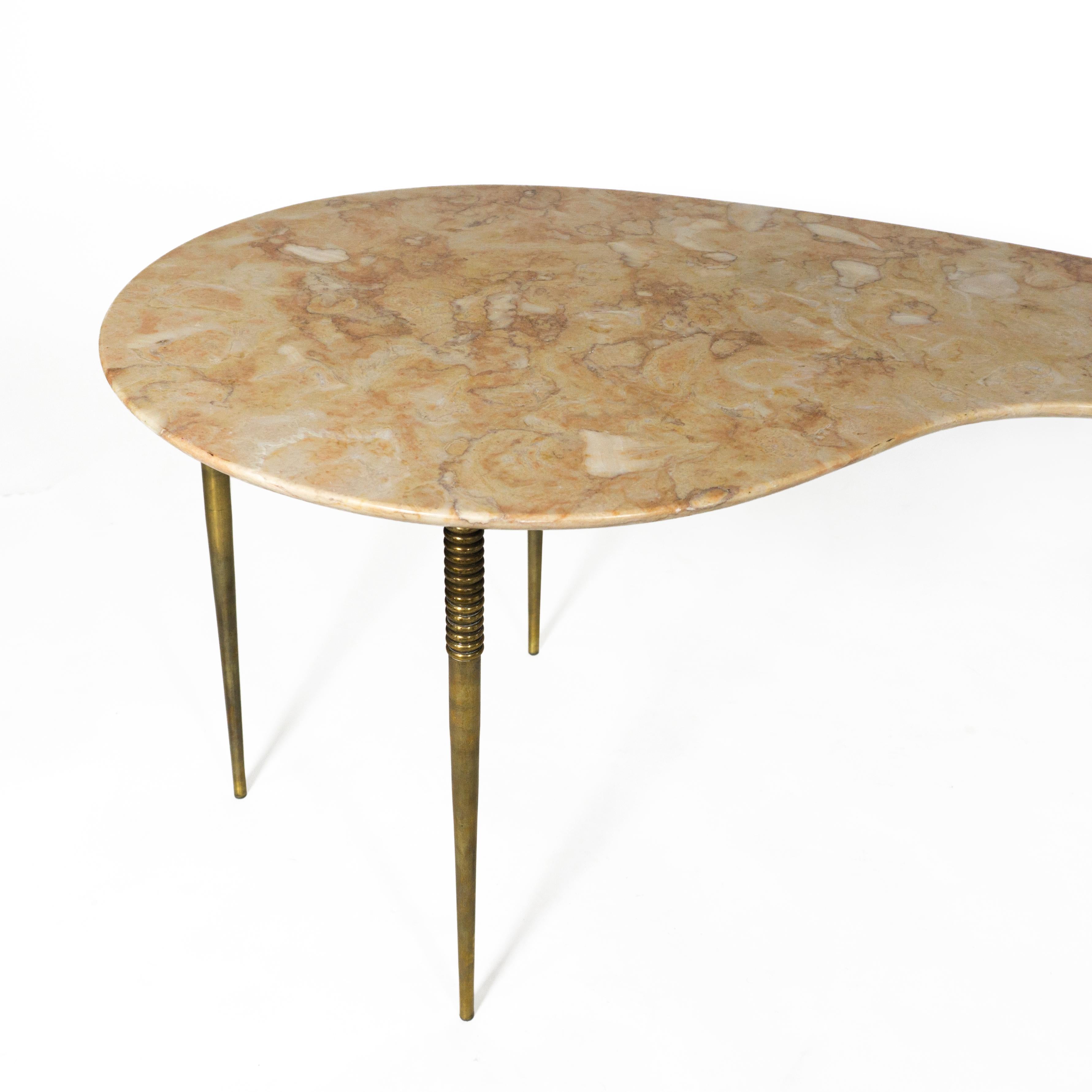 Mid-20th Century Mid Century Kidney Coffee Side Table with Marble Top & Brass Legs, Italy 1950s For Sale