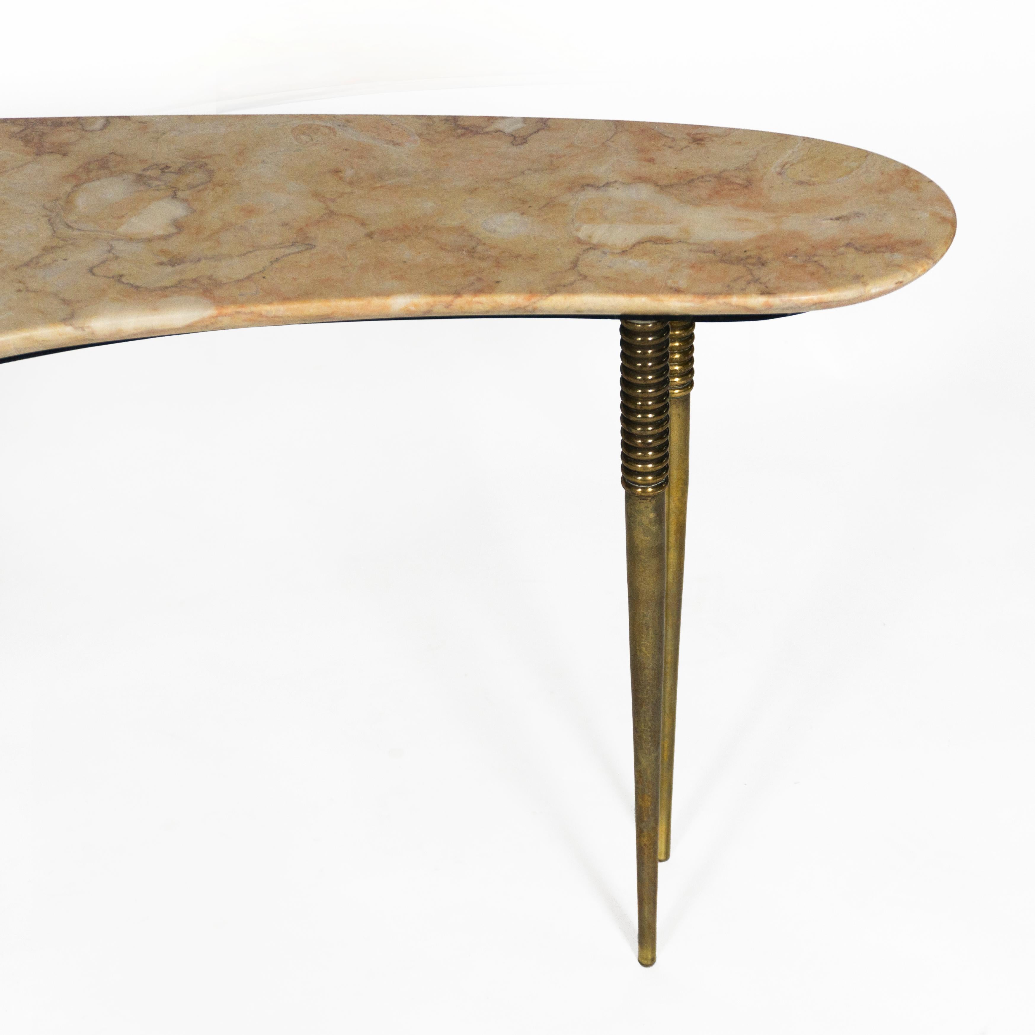 Iron Mid Century Kidney Coffee Side Table with Marble Top & Brass Legs, Italy 1950s For Sale