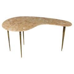 Mid Century Kidney Coffee Side Table with Marble Top & Brass Legs, Italy 1950s
