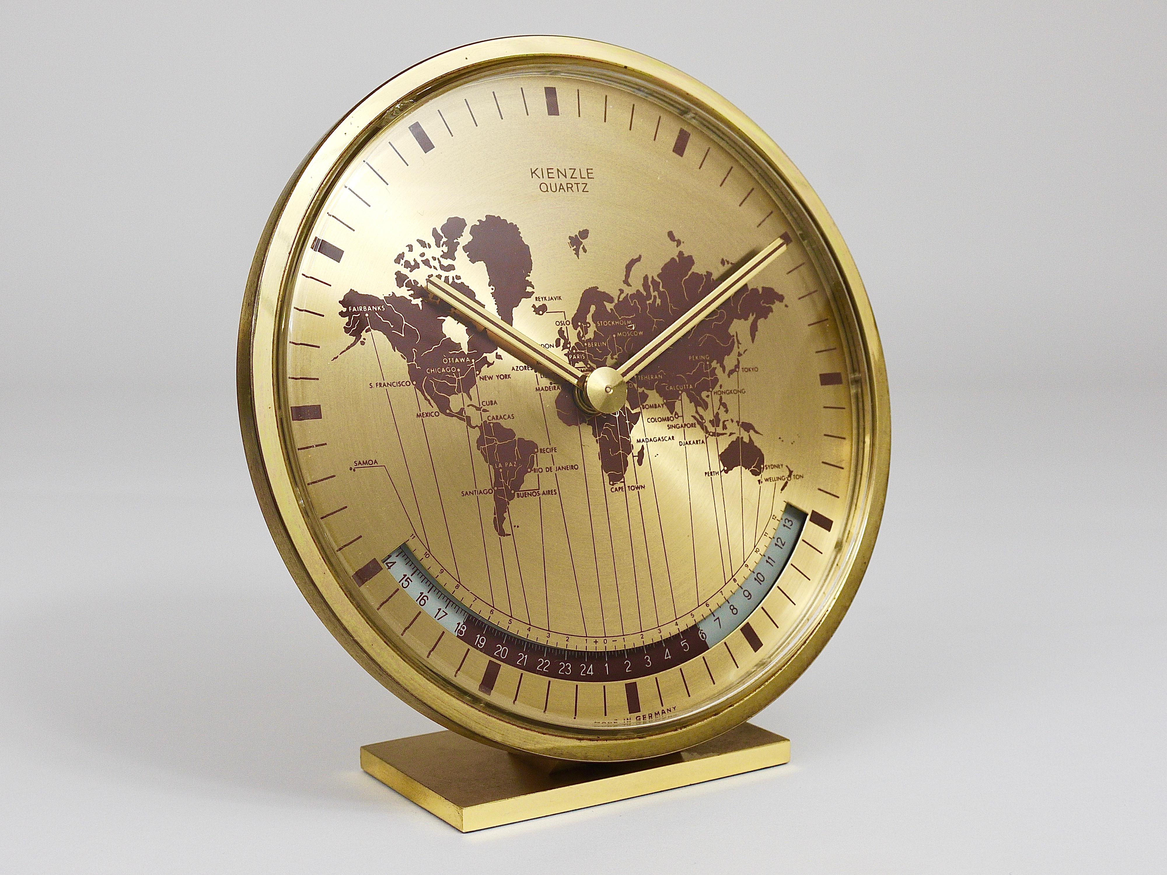 Mid-Century Modern Midcentury Kienzle GMT World Time Zone Brass Table Clock, Germany, 1960s