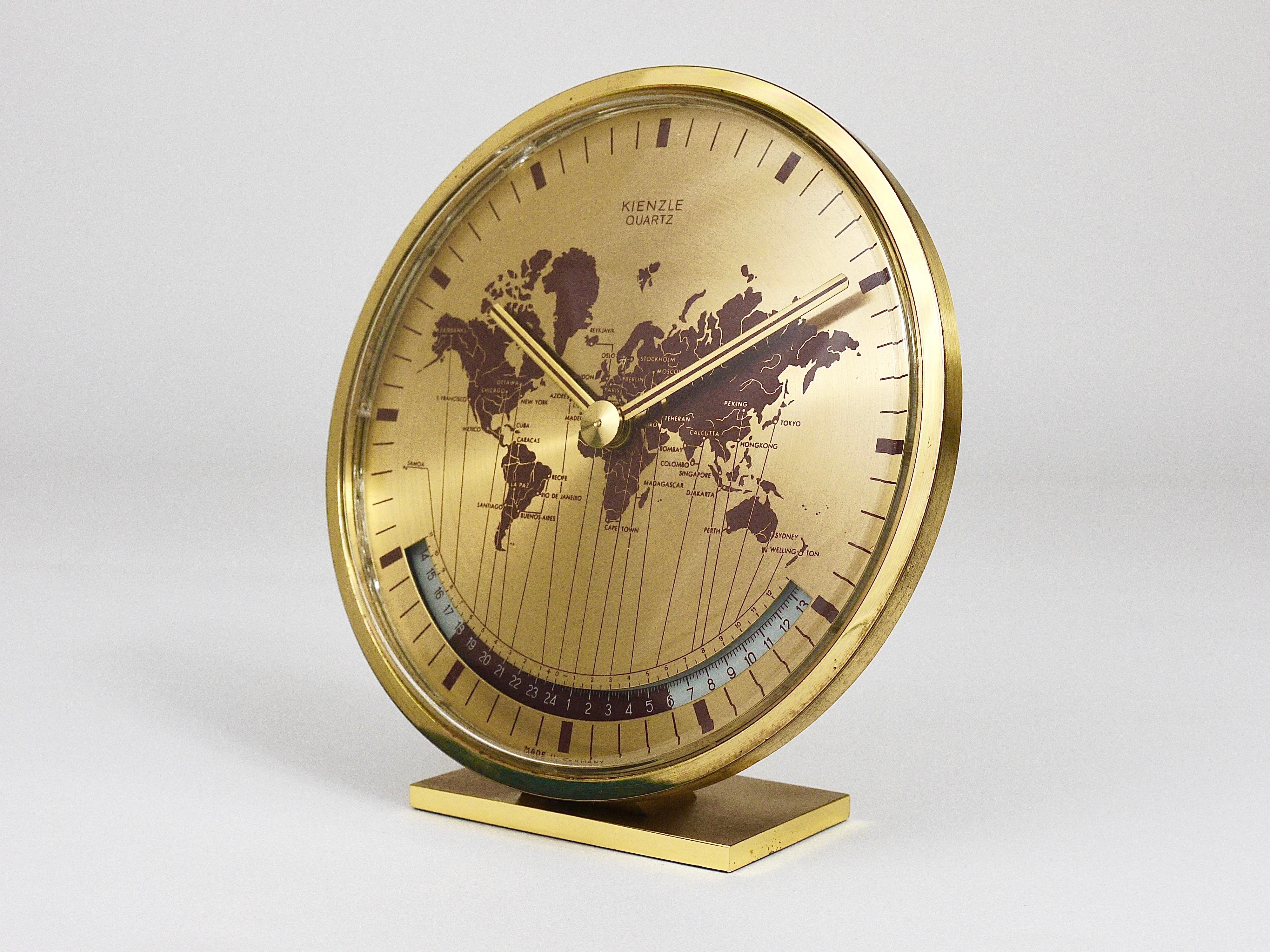 Midcentury Kienzle GMT World Time Zone Brass Table Clock, Germany, 1960s 1