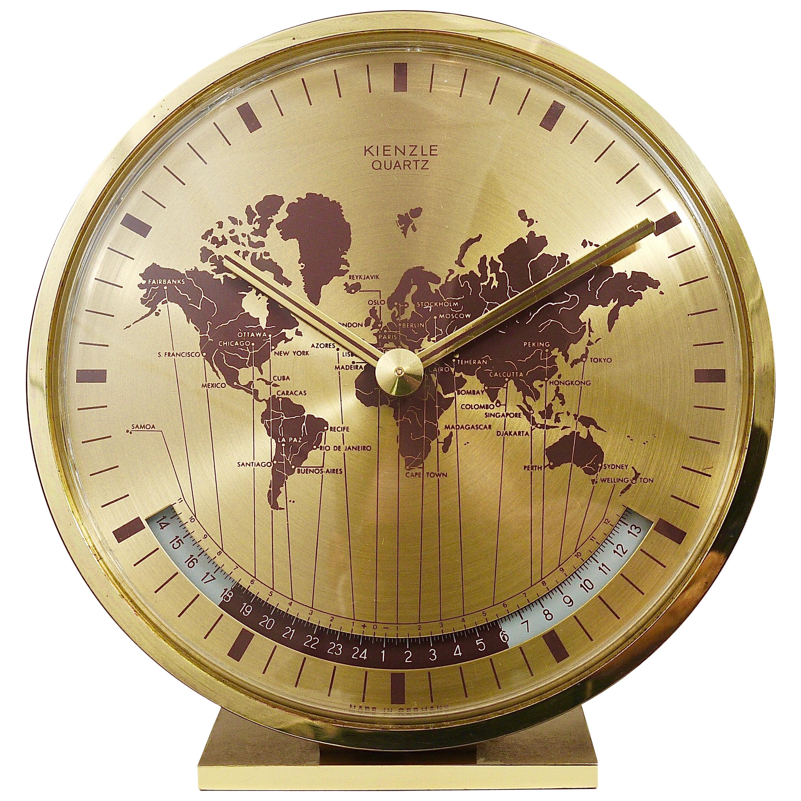 Midcentury Kienzle GMT World Time Zone Brass Table Clock, Germany, 1960s