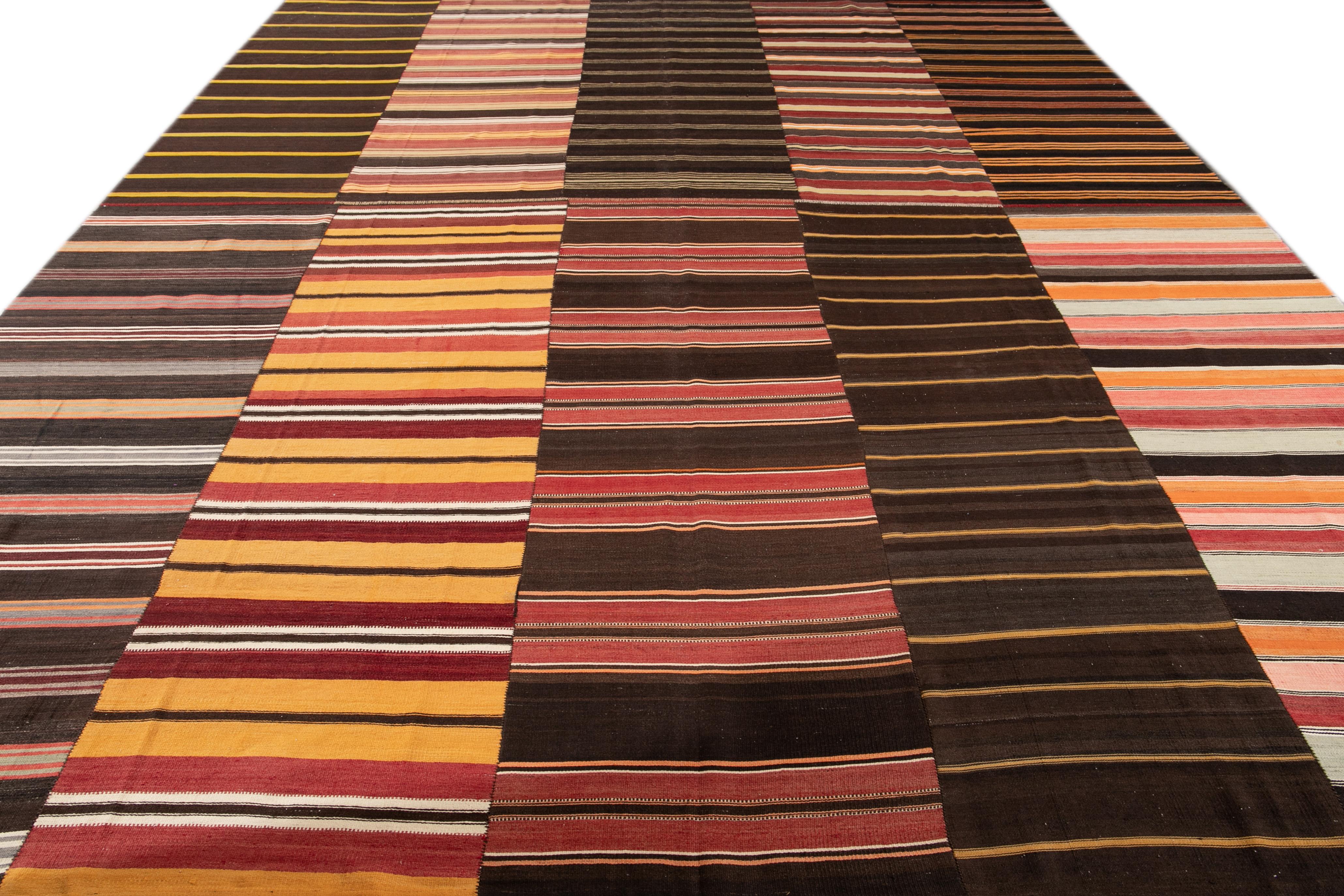 Turkish Midcentury Kilim Handmade Striped Wool Rug For Sale