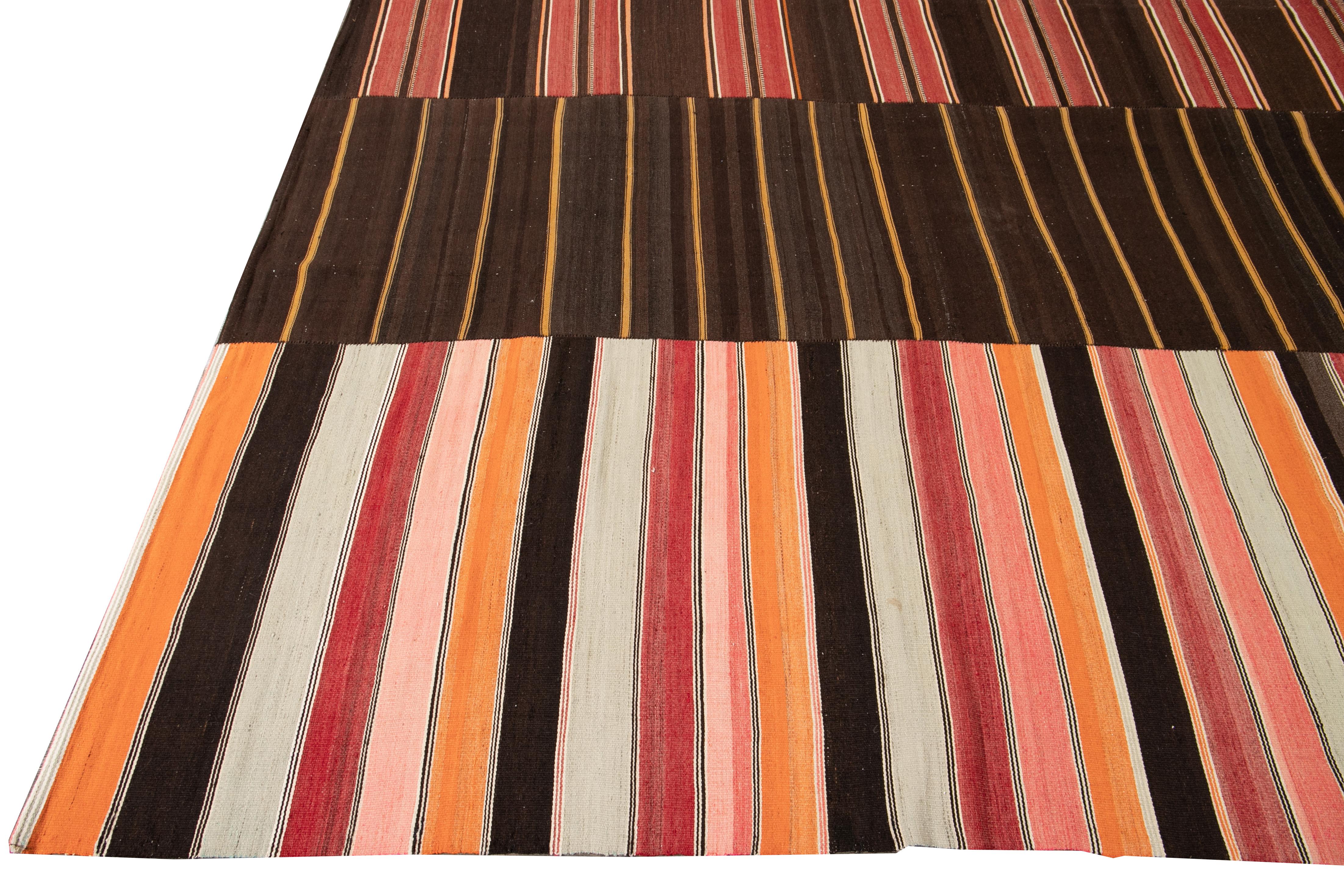 Hand-Knotted Midcentury Kilim Handmade Striped Wool Rug For Sale
