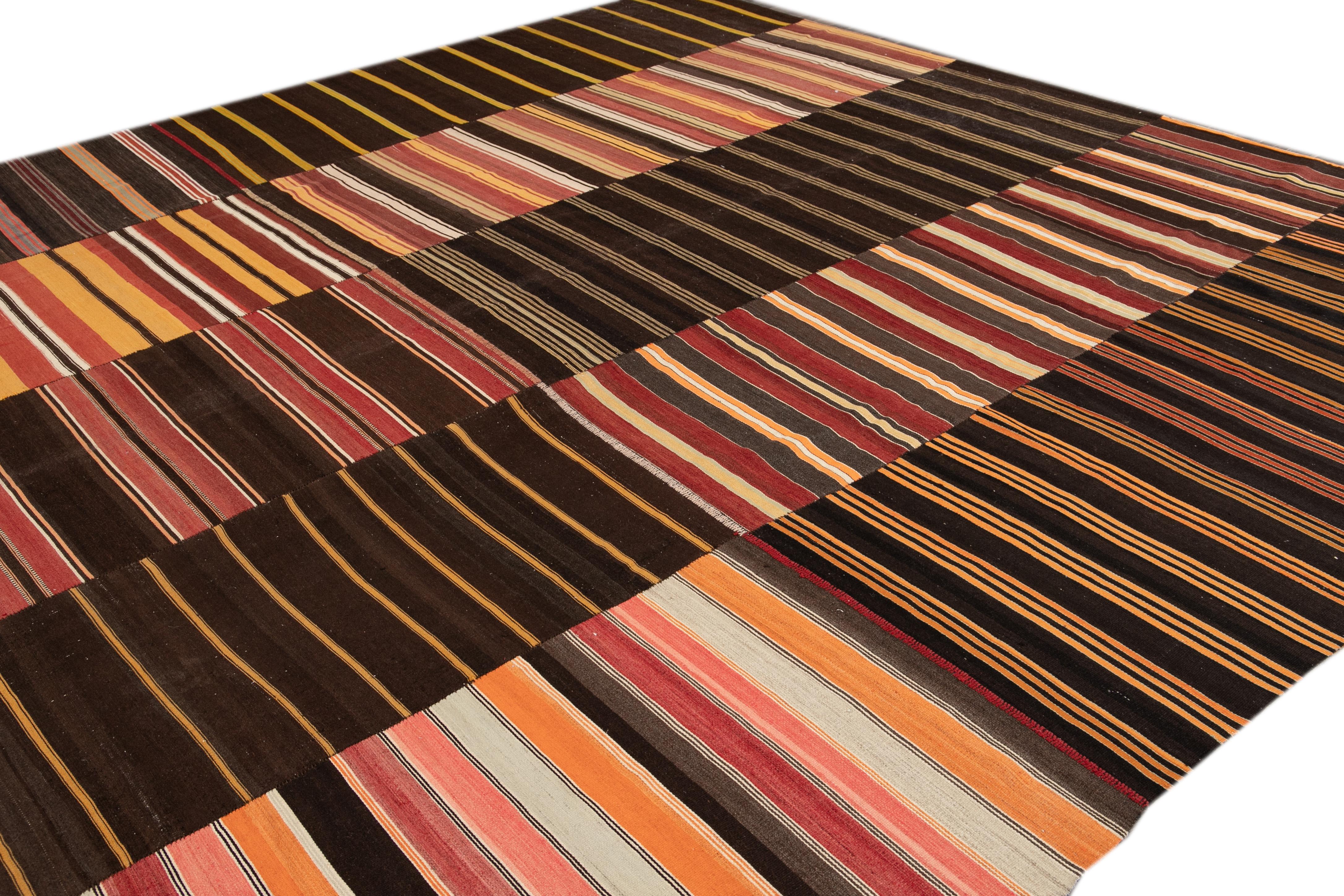 Contemporary Midcentury Kilim Handmade Striped Wool Rug For Sale