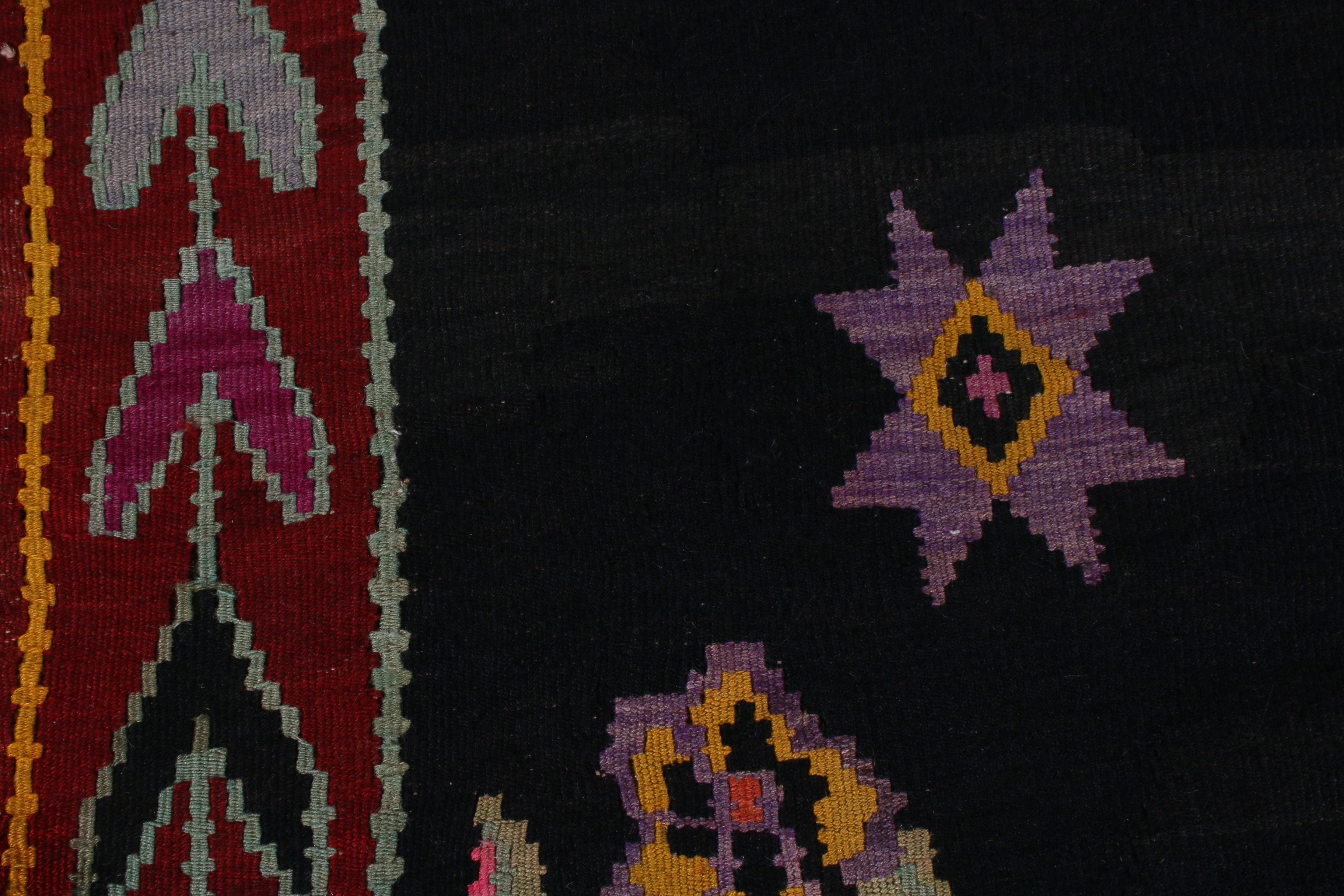 Mid-20th Century Midcentury Kilim Rug Black Red Floral Turkish Wool Flat-Weave by Rug & Kilim For Sale