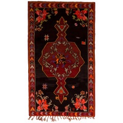 Midcentury Kilim Rug Black Red Medallion Floral Turkish Wool Flat-Weave
