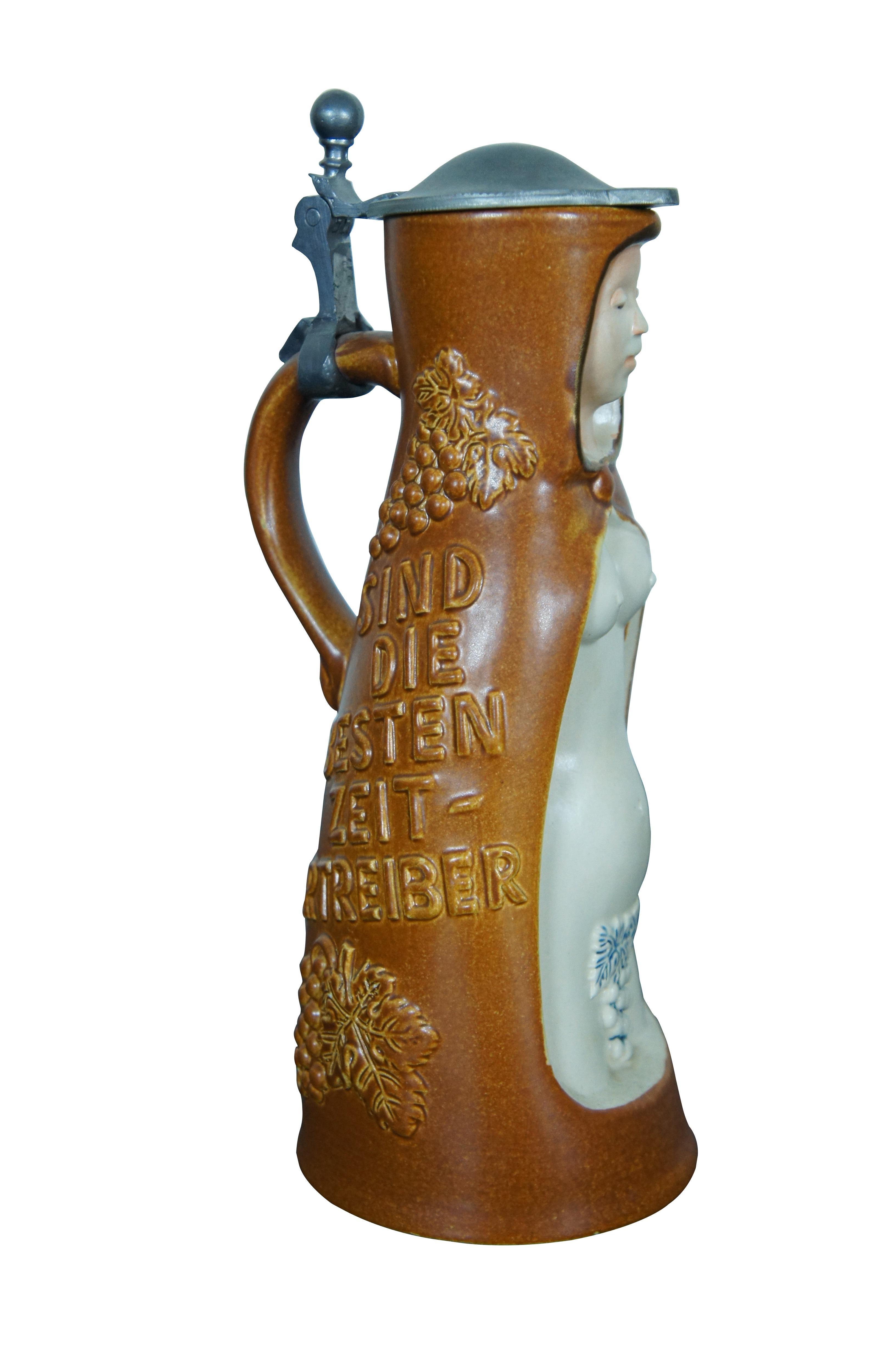 Mid Century King Stoneware Wine Witch Nude German Lidded Beer Stein Carafe 10