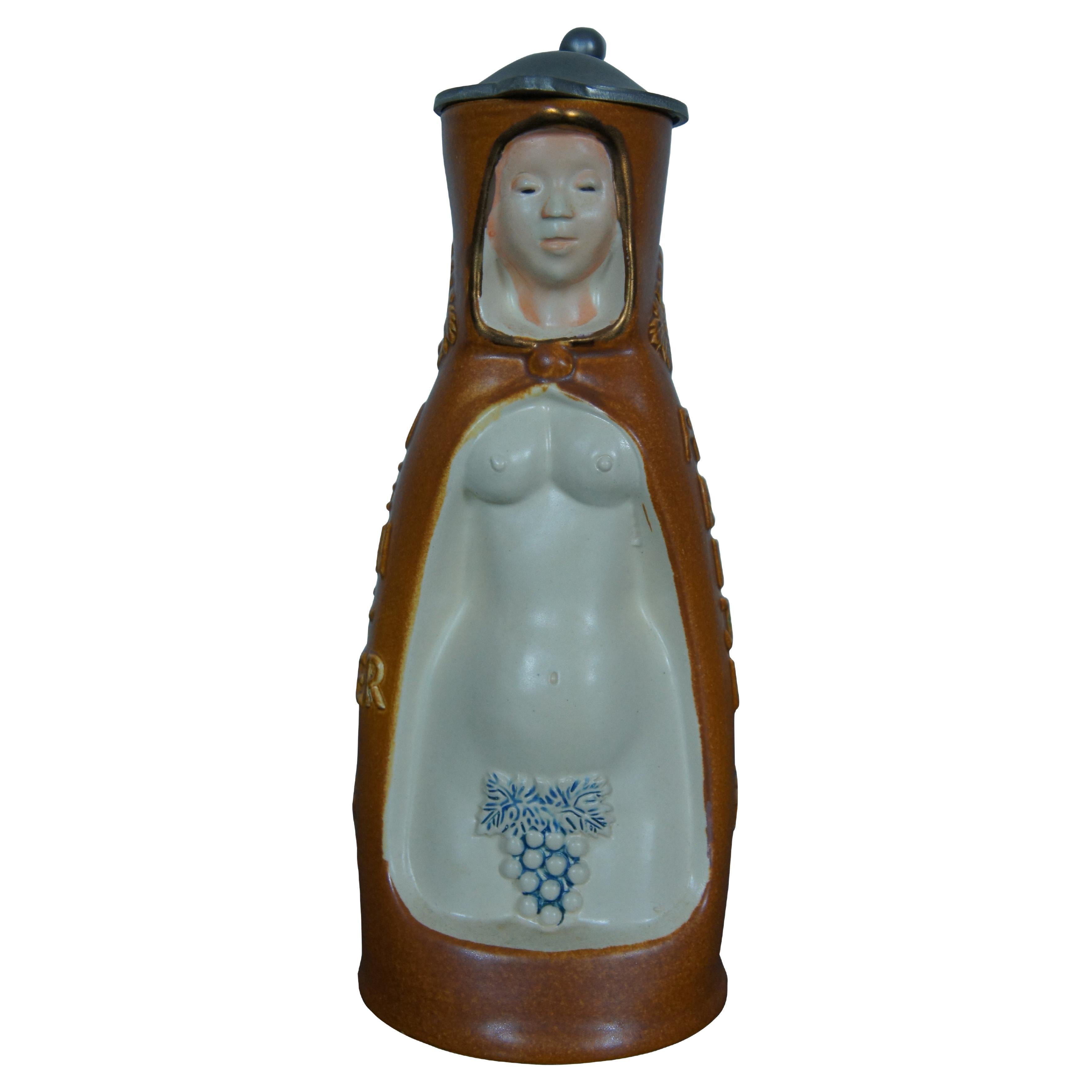 Mid Century King Stoneware Wine Witch Nude German Lidded Beer Stein Carafe 10" For Sale