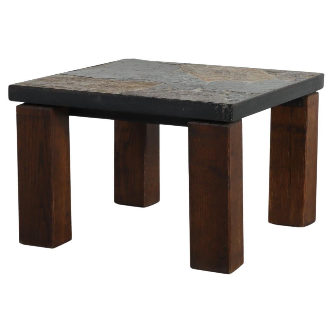 Mid-Century Kingma-Style Slate Mosaic Side Table, Dark-Stained Oak Legs