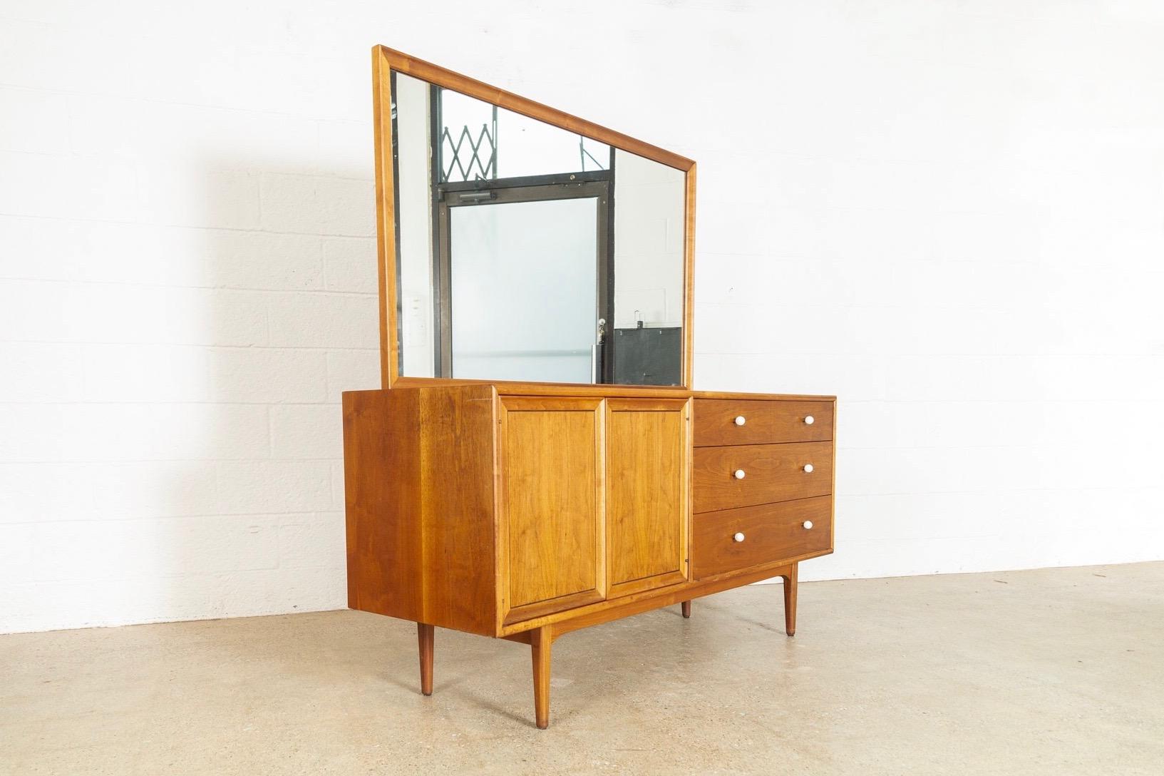 Mid-Century Modern Midcentury Kipp Stewart Drexel Declaration Wood Lowboy Dresser with Mirror