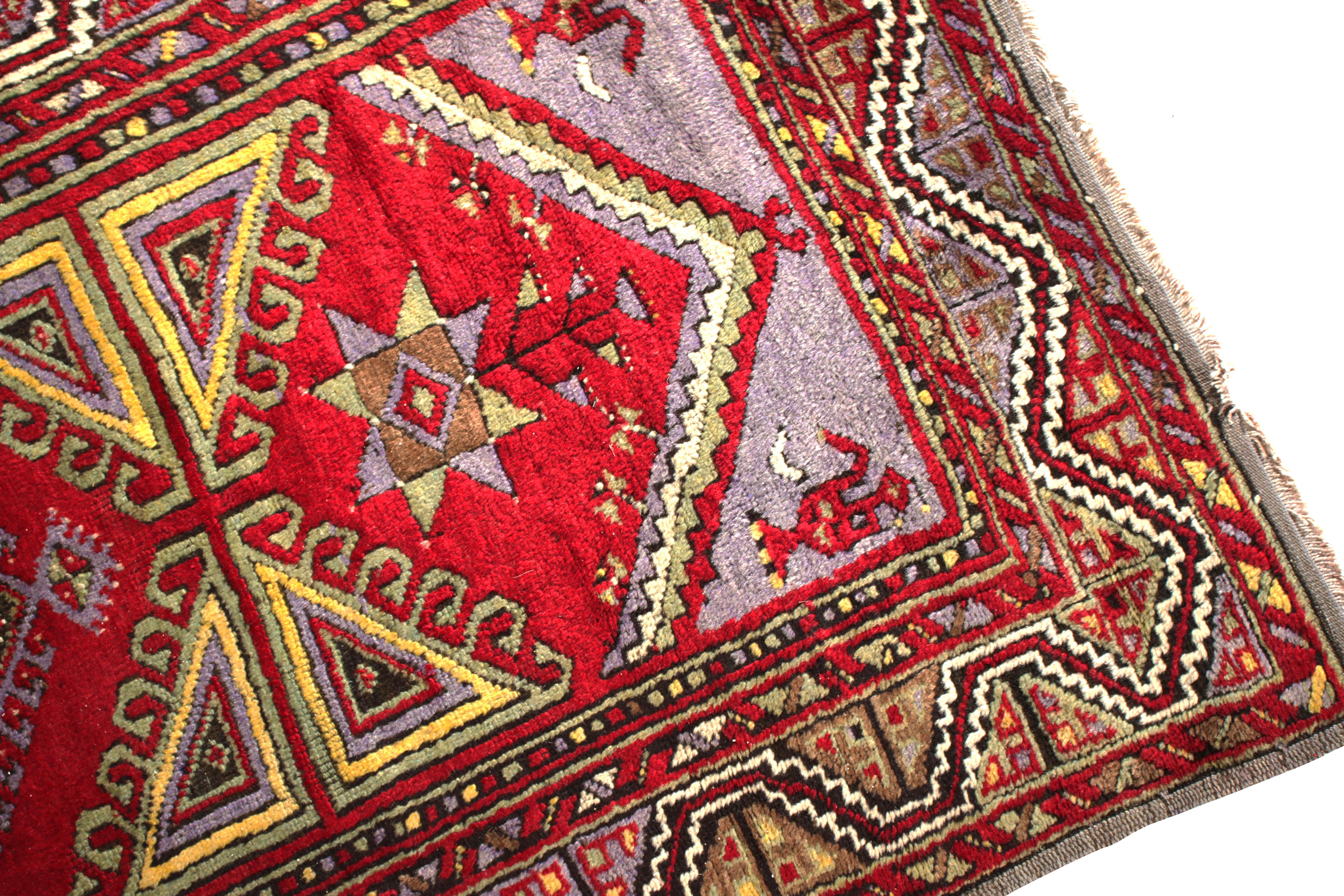 Hand-Knotted Midcentury Kirsehir Runner Red Purple Geometric Vintage Pile Rug by Rug & Kilim