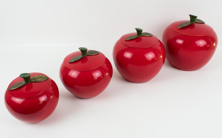 Mid-Century Kitchen Canister Cookie Jar Red Enamel Aluminum Apple, Set of 4 Pc For Sale 6