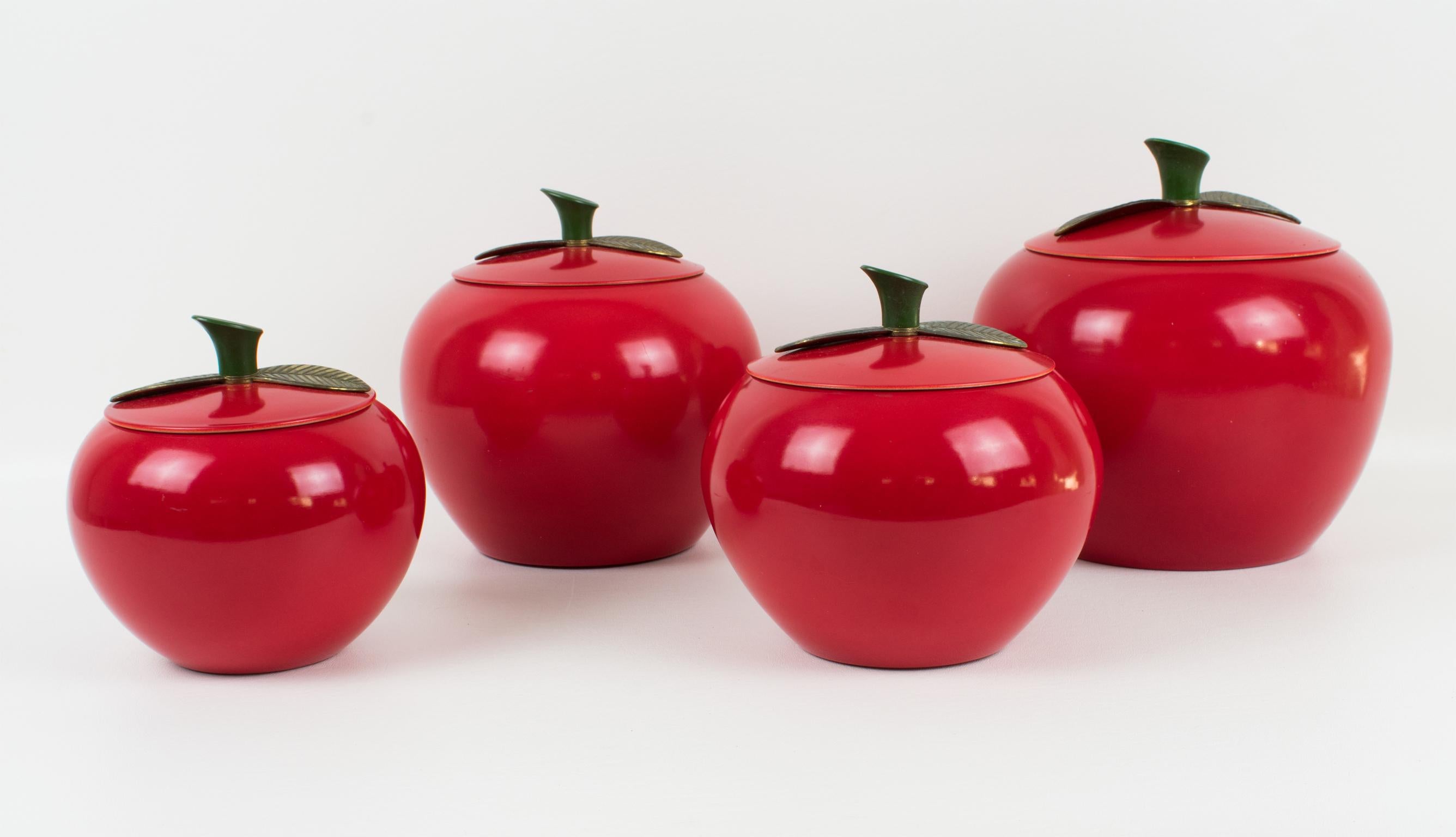Mid-Century Kitchen Canisters Cookie Jar Red Enamel Aluminum Apple, Set of 4 Pc 8