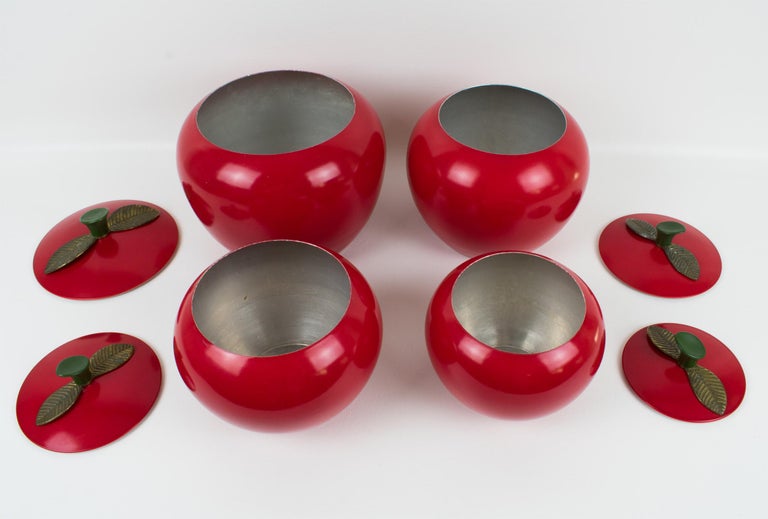 Mid-20th Century Mid-Century Kitchen Canister Cookie Jar Red Enamel Aluminum Apple, Set of 4 Pc For Sale